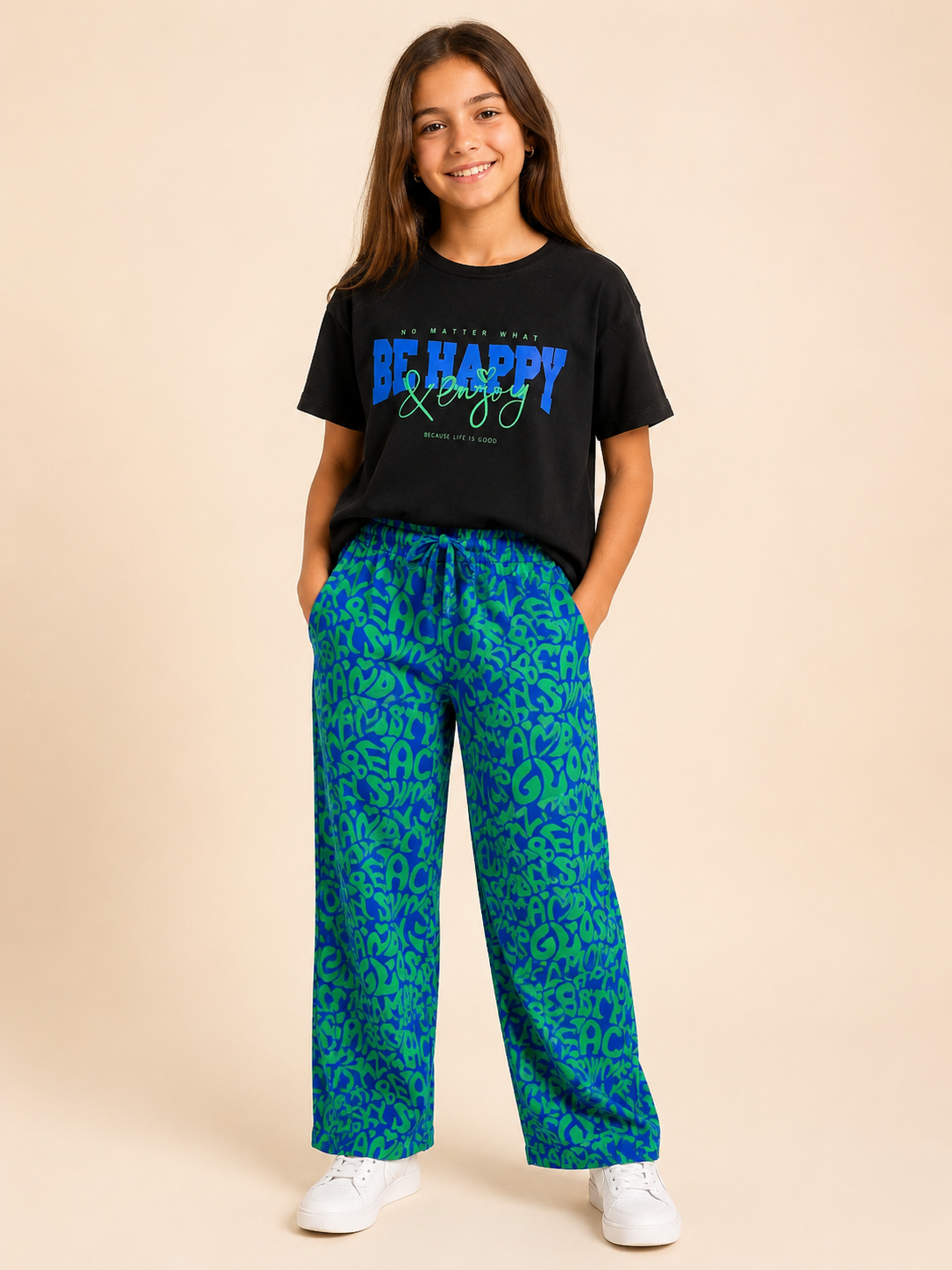 Be Happy Baskılı Kız Çocuk Takım Mavi