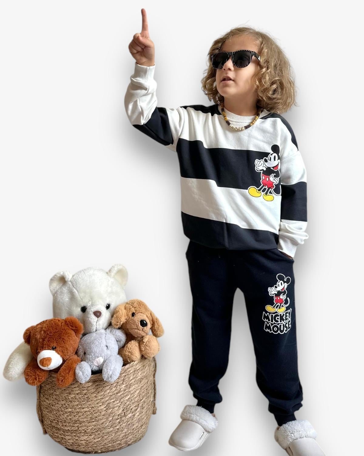 Çizgili Mickey Mouse Takım Siyah