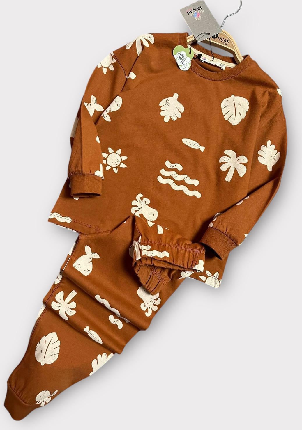 Palmiye Desenli Pijama Takımı Kahverengi