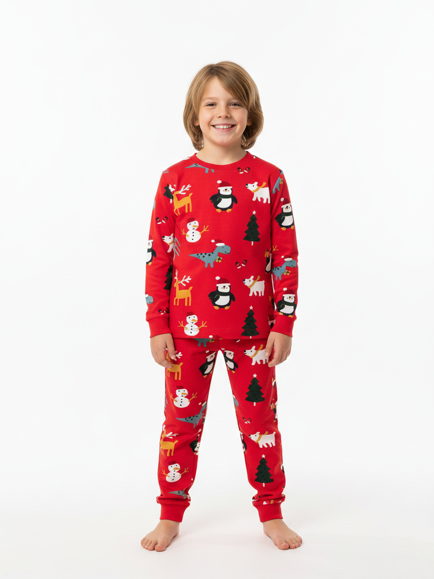 Yeni Yıl Erkek Çocuk Pijama Takımı Kırmızı