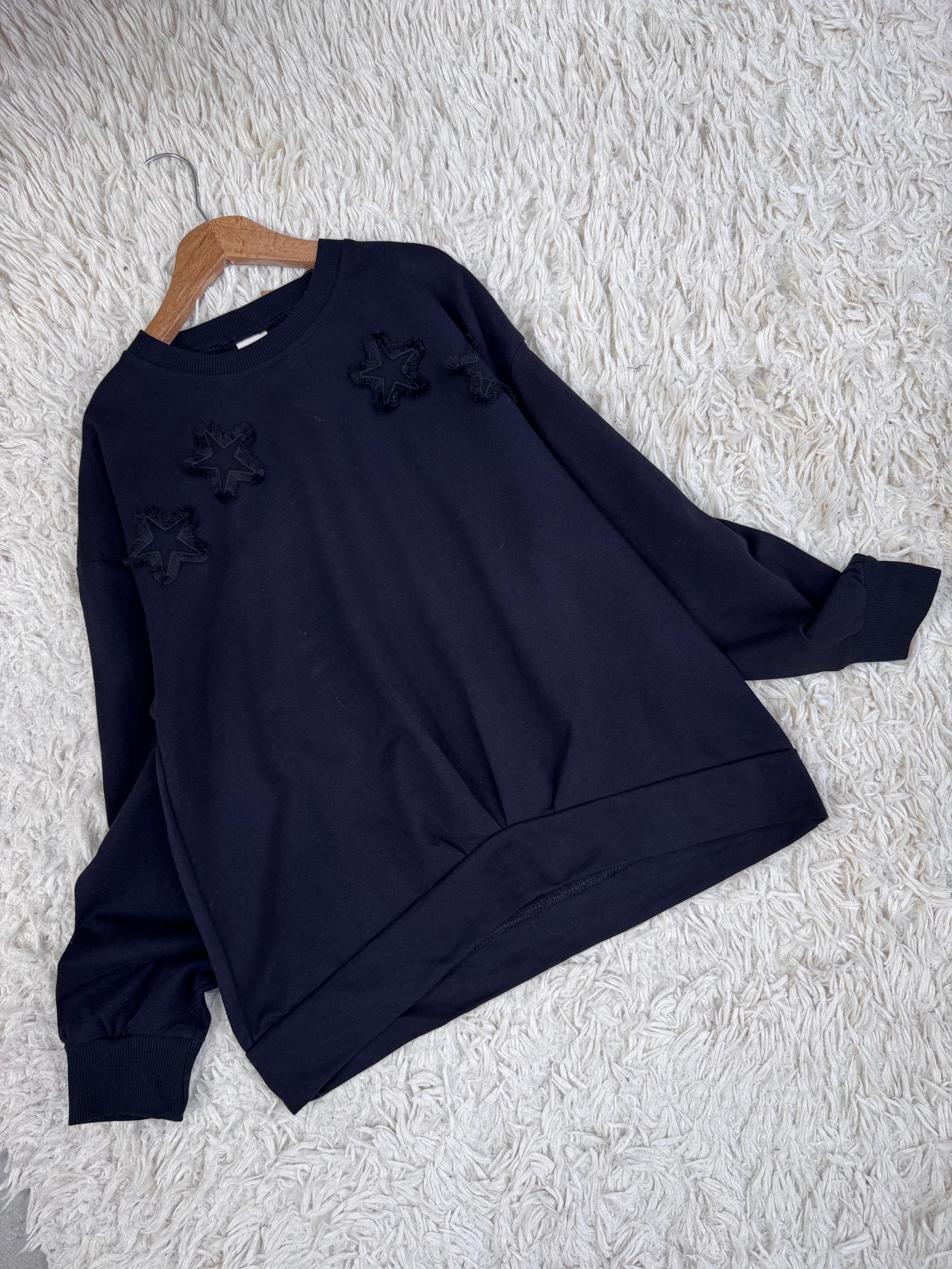 Yıldız Nakışlı Sweat Siyah