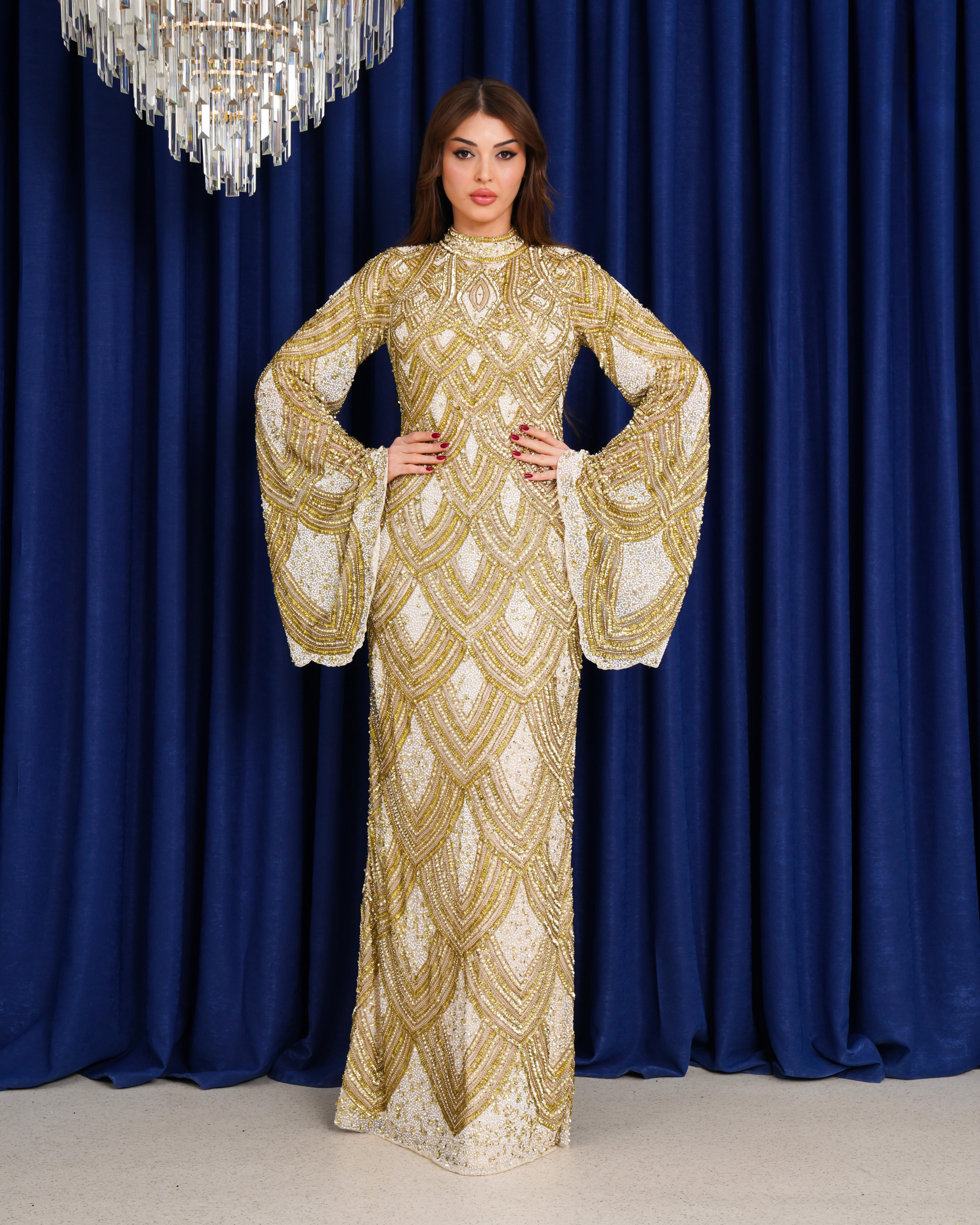 Dubai Gold Dalgası – Altın İşlemeli Kaftan Abiye