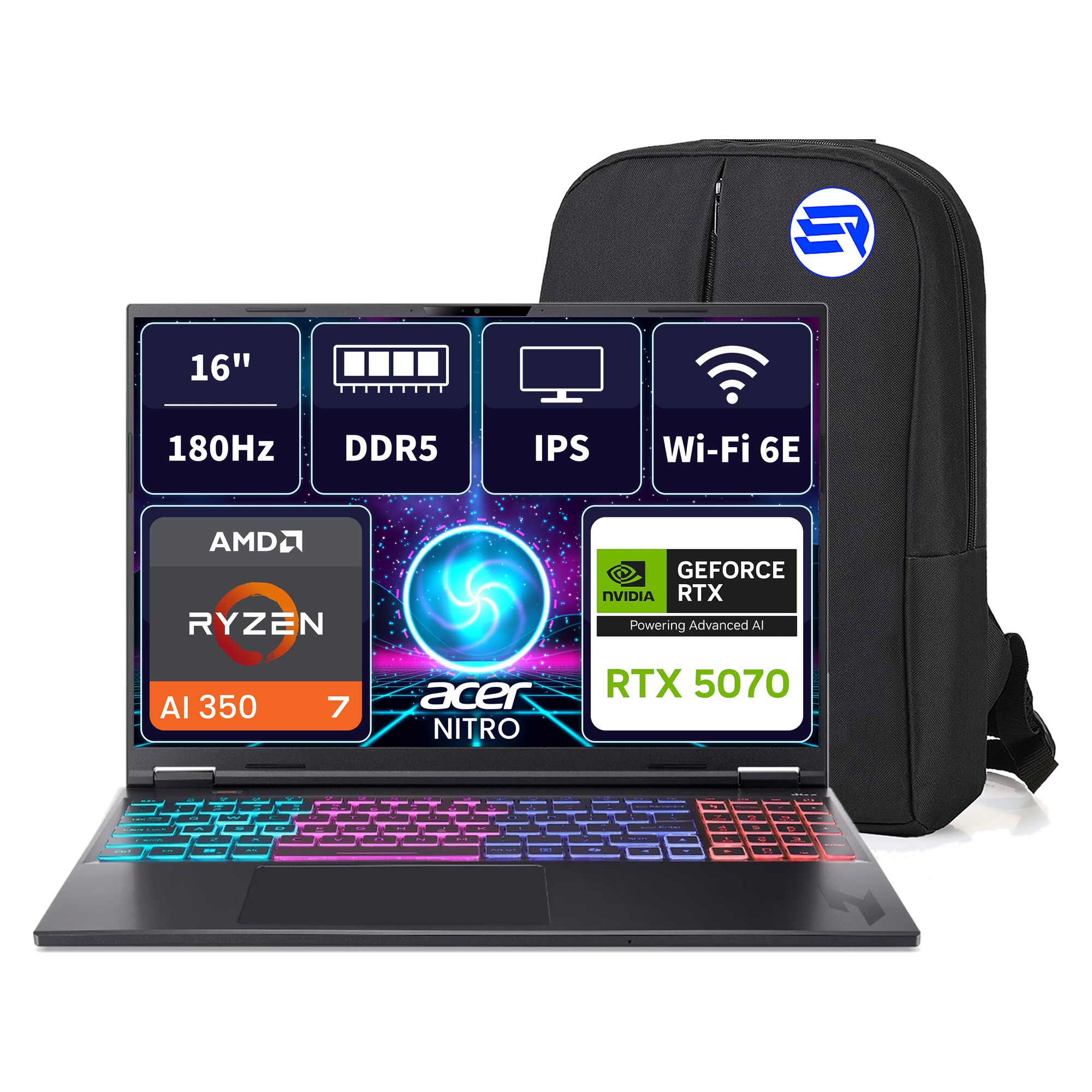 Acer Nitro 16S AN16S-61 NH.QXKEY.002EP11 RyzenAI7 350 RTX5070 40GBRAM 1TBSSD 16 WQXGA 180Hz Win11 Pro + ElektroPasaj Çanta