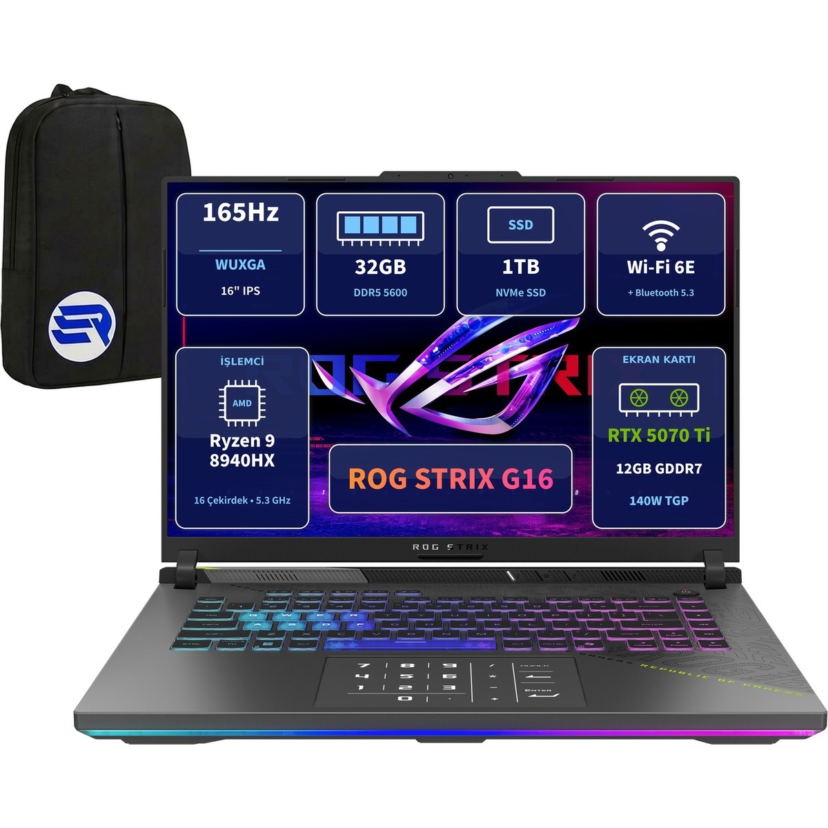 Asus ROG Strix G16 G614PR-RV052EP4 Ryzen9 8940HX RTX5070Ti 48GBRAM 1TBSSD 16'' WUXGA 165Hz Win11 Pro + ElektroPasaj Çanta