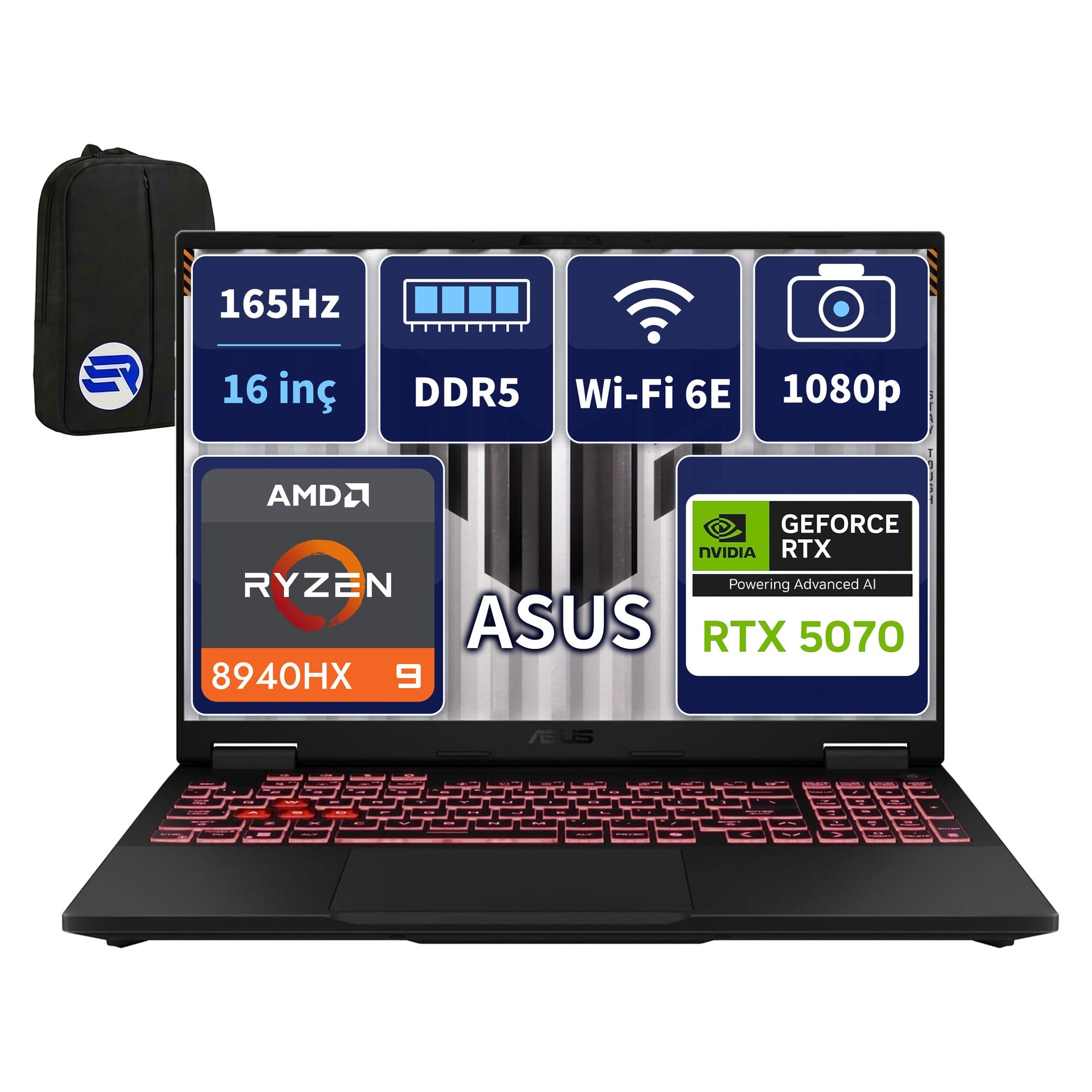 Asus TUF Gaming A16 FA608PP-RV159EP13 Ryzen9 8940HX RTX5070 64GBRAM 512GBSSD 16'' FHD+ 165Hz + ElektroPasaj Çanta