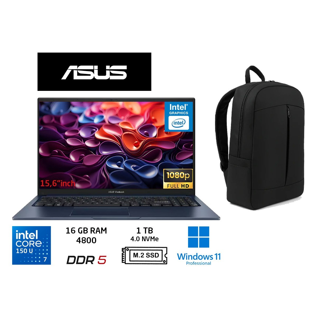 vivobook 15 Core 7 150U 16 Gb-1 Tb Ssd-15.6'' Windows 11 Pro X1504VA-BQ5456 Notebook+Duddi Çanta