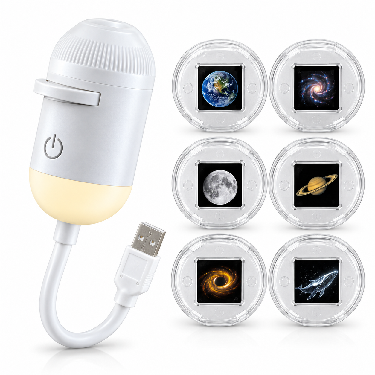 6 Diskli Uzay ve Galaksi Projeksiyon Lambası USB Girişli Gezegen Ay Yıldızlı Gökyüzü Yansıtıcı Ayarlanabilir Netlikli Dekoratif Gece Lambası