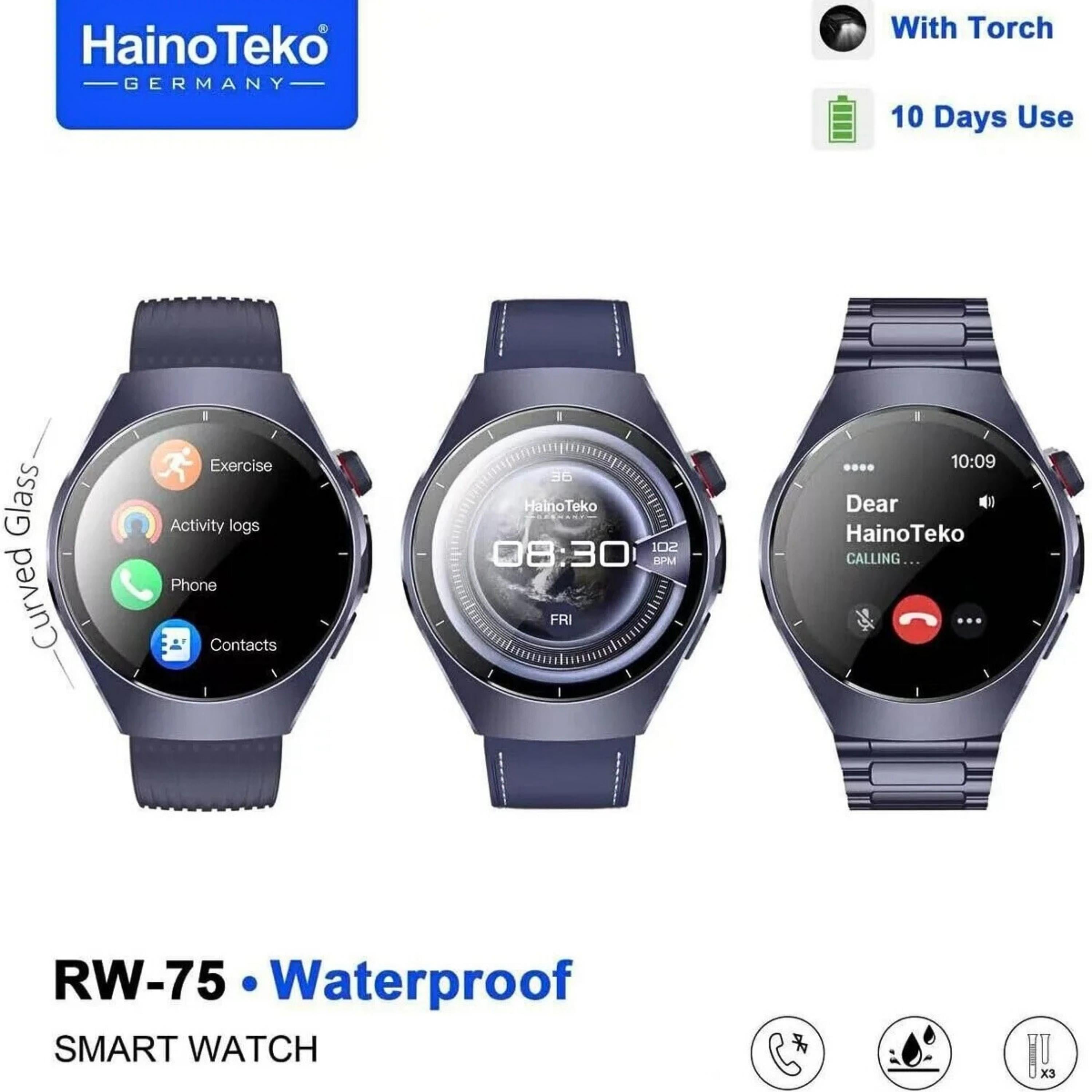 RW-75 Amoled Ekran Waterproof Akıllı Saat 10 Gün Şarj Ömürlü Suya Dayanıklı 3 Kordonlu Bluetooth Arama Özellikli Akıllı Saat