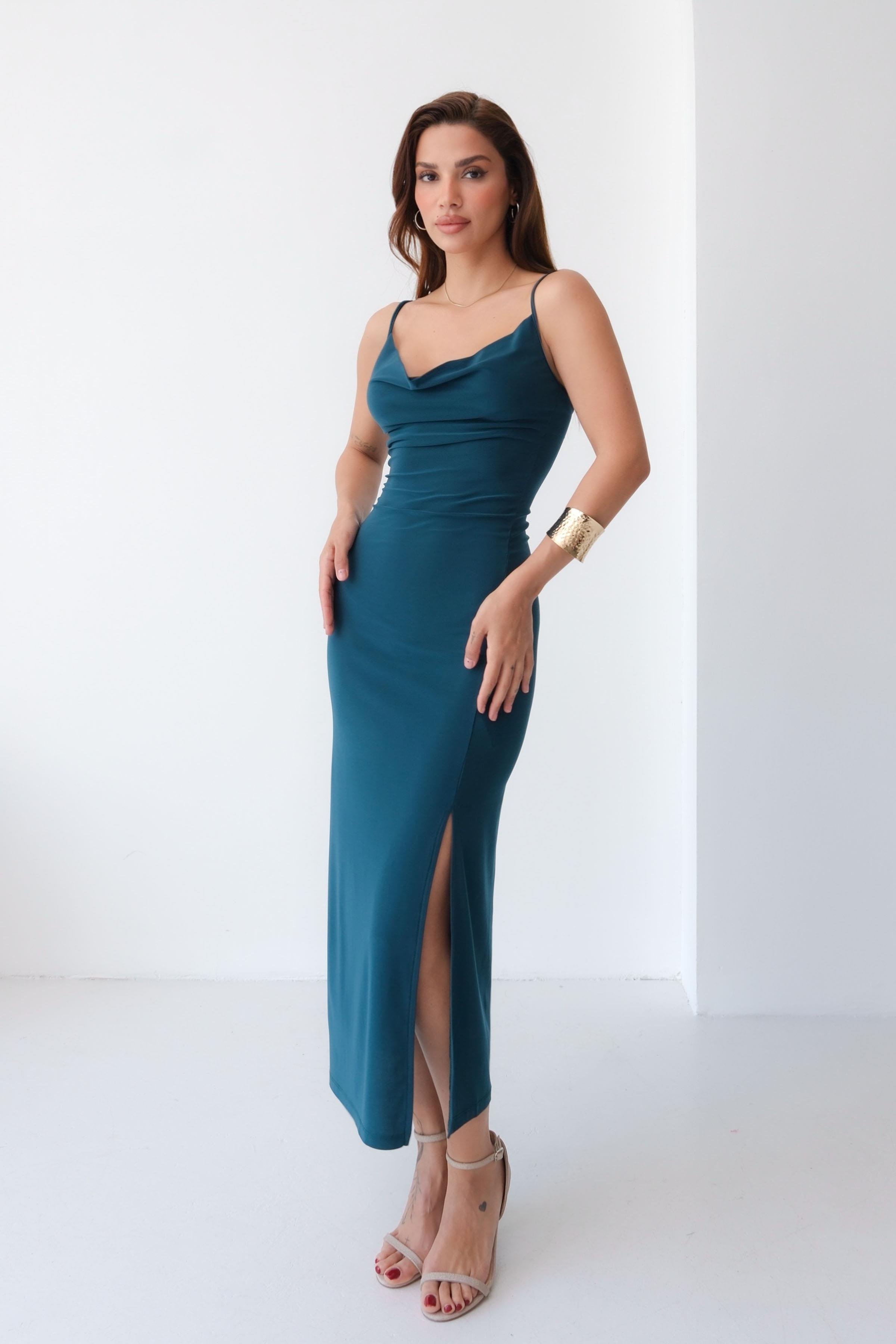 Women’s Spaghetti-Strap Cowl-Neck Sandy Midi Dress with Slit – Teal