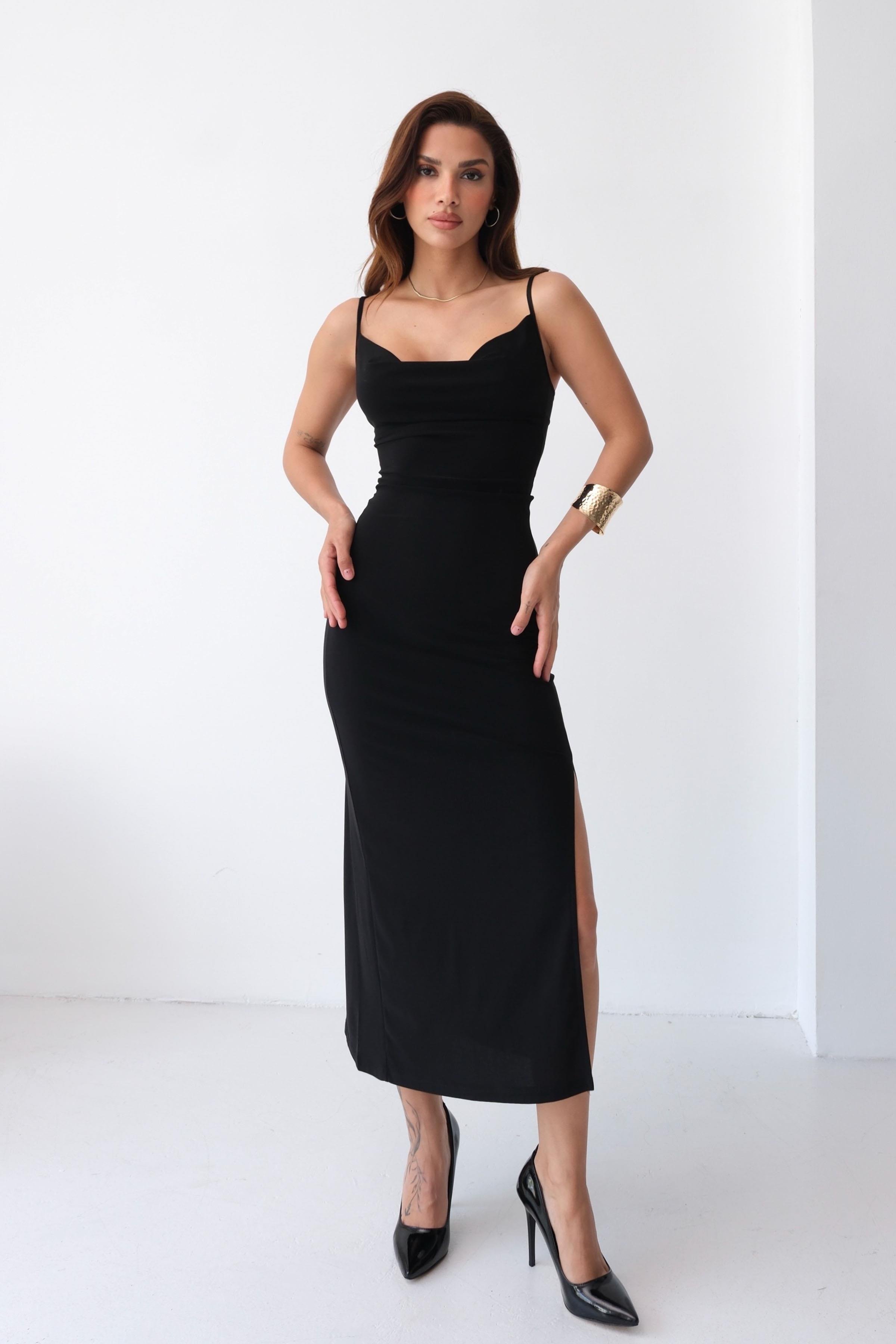 Women’s Spaghetti-Strap Cowl-Neck Sandy Midi Dress with Slit – Black