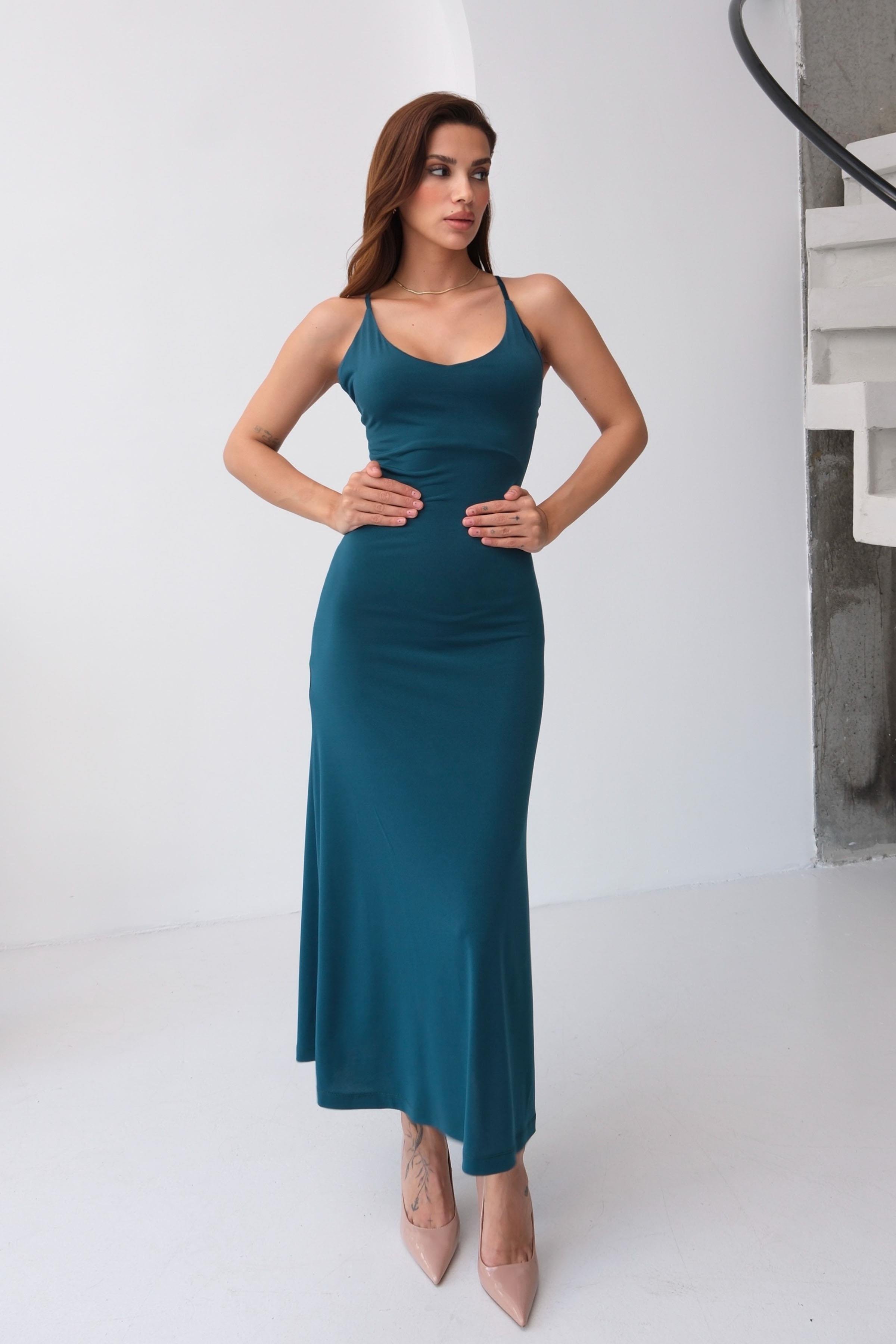 Women’s Spaghetti-Strap Cross-Back Cut-Out Sandy Midi Dress with Slit – Teal