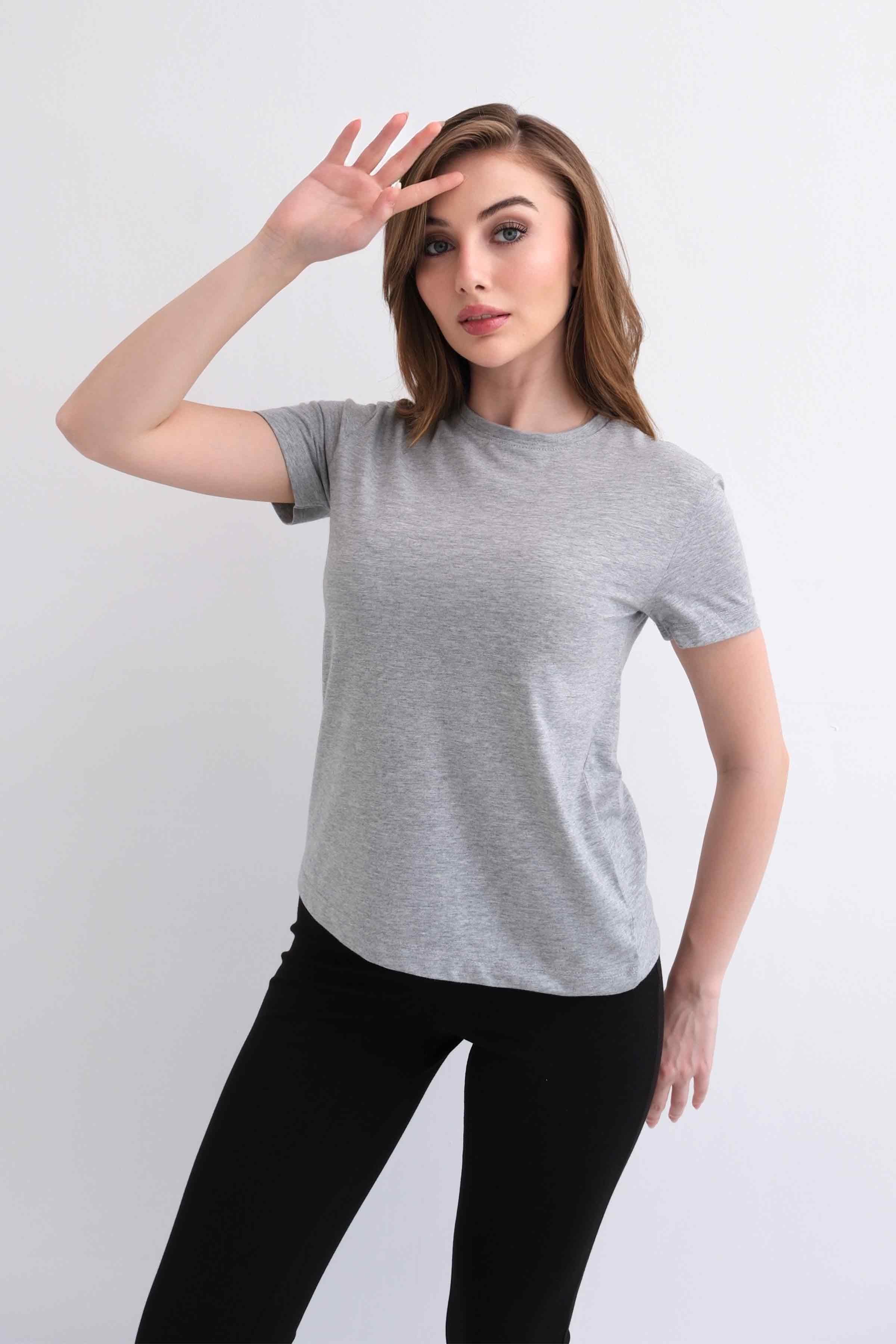 Women’s Crew-Neck Plain 100% Cotton Basic T-Shirt – Heather Grey