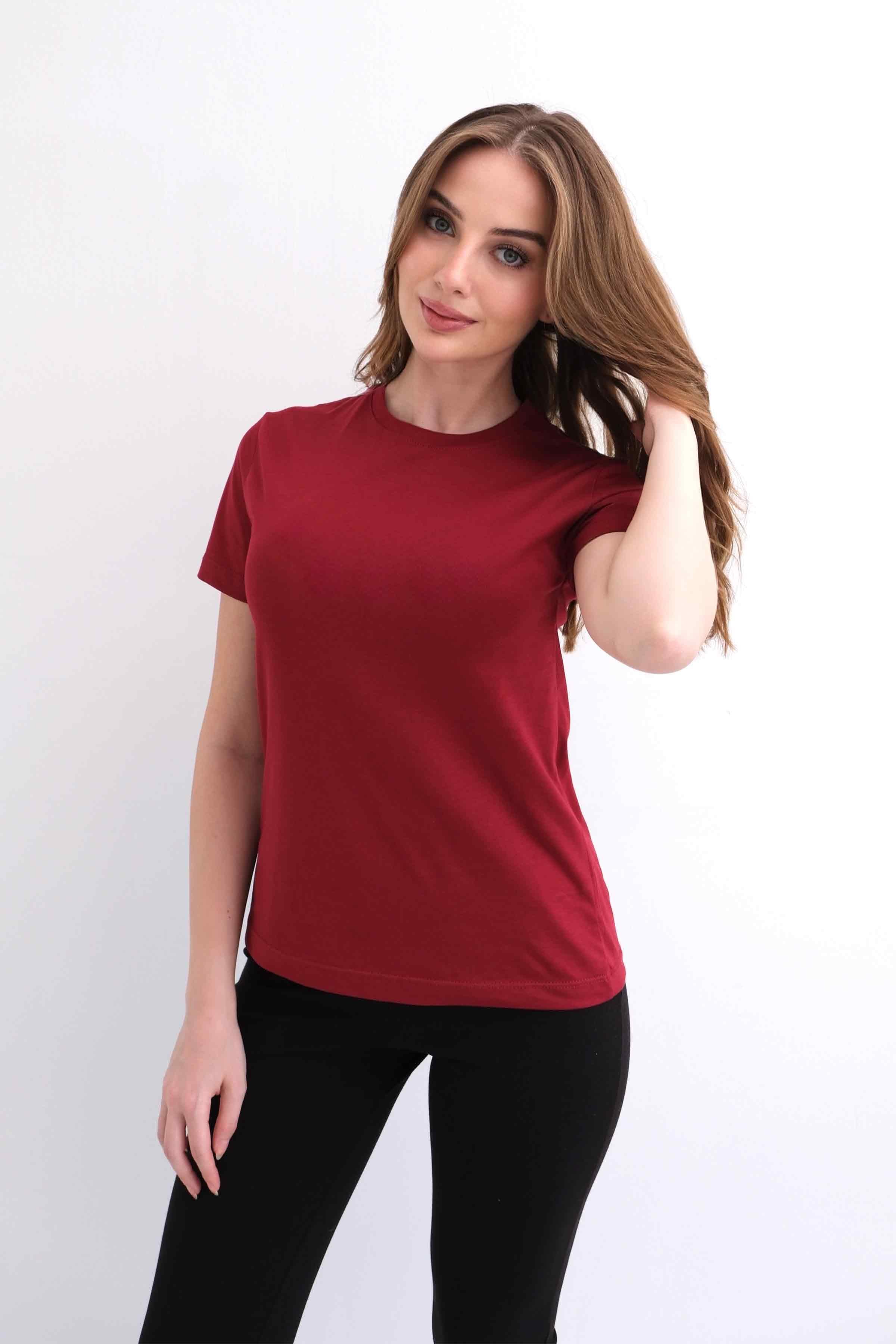 Women’s Crew-Neck Plain 100% Cotton Basic T-Shirt – Burgundy