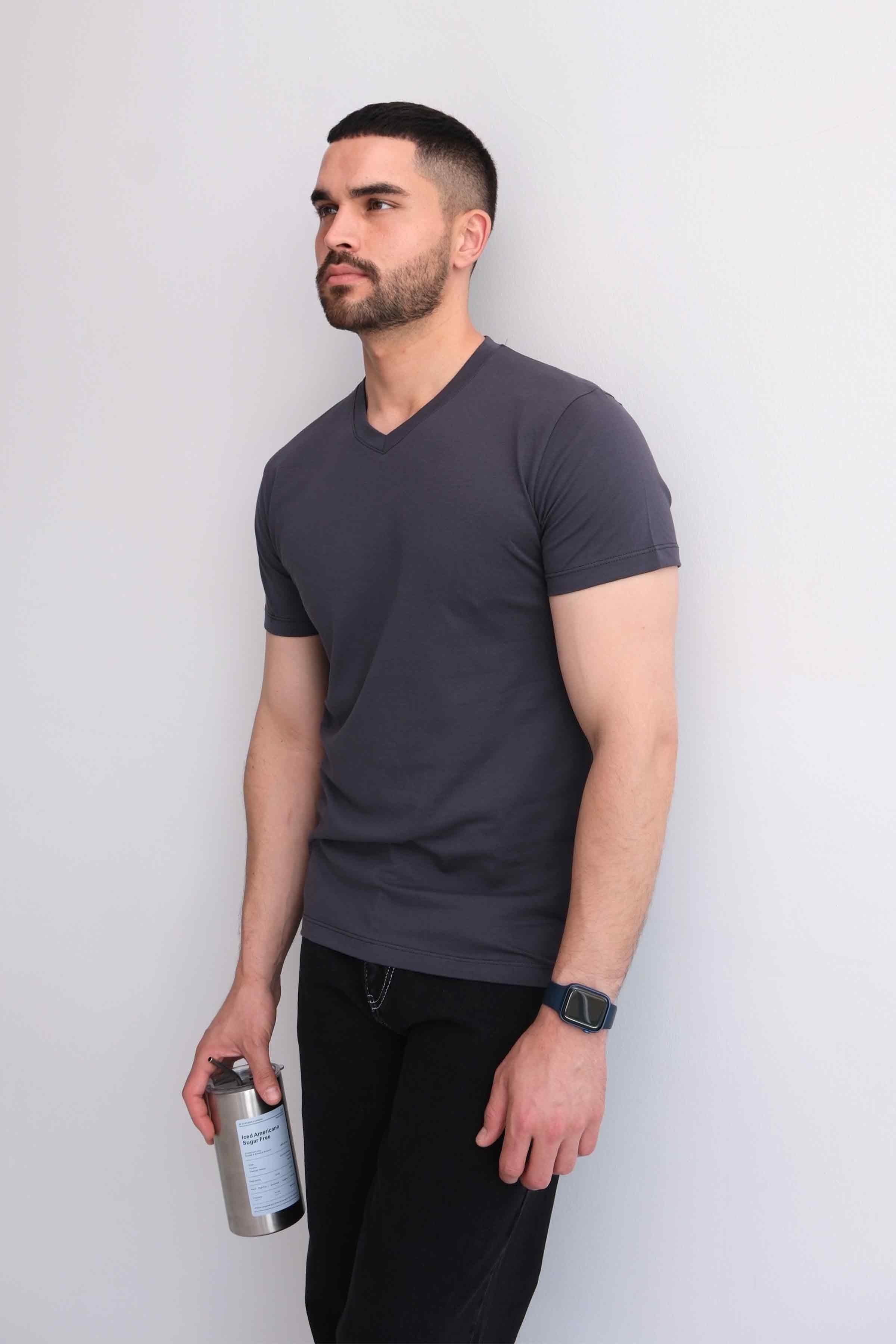 Men’s V-Neck Plain 100% Cotton Basic T-Shirt – Anthracite