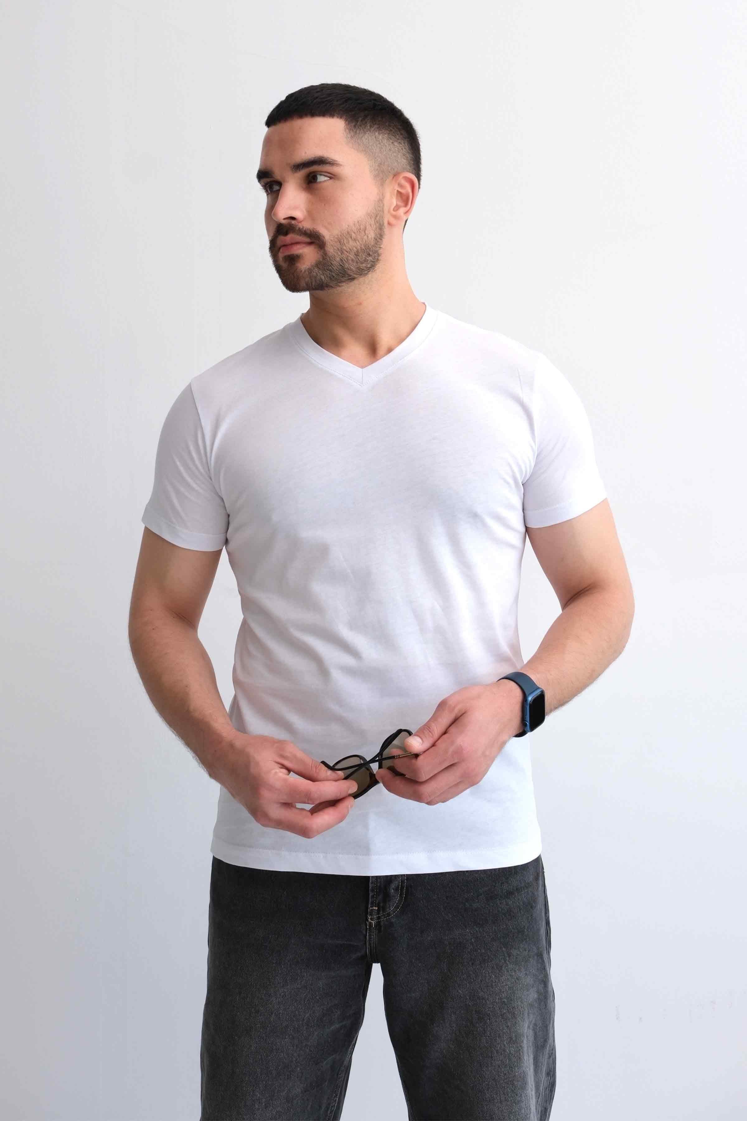 Men’s V-Neck Plain 100% Cotton Basic T-Shirt – White