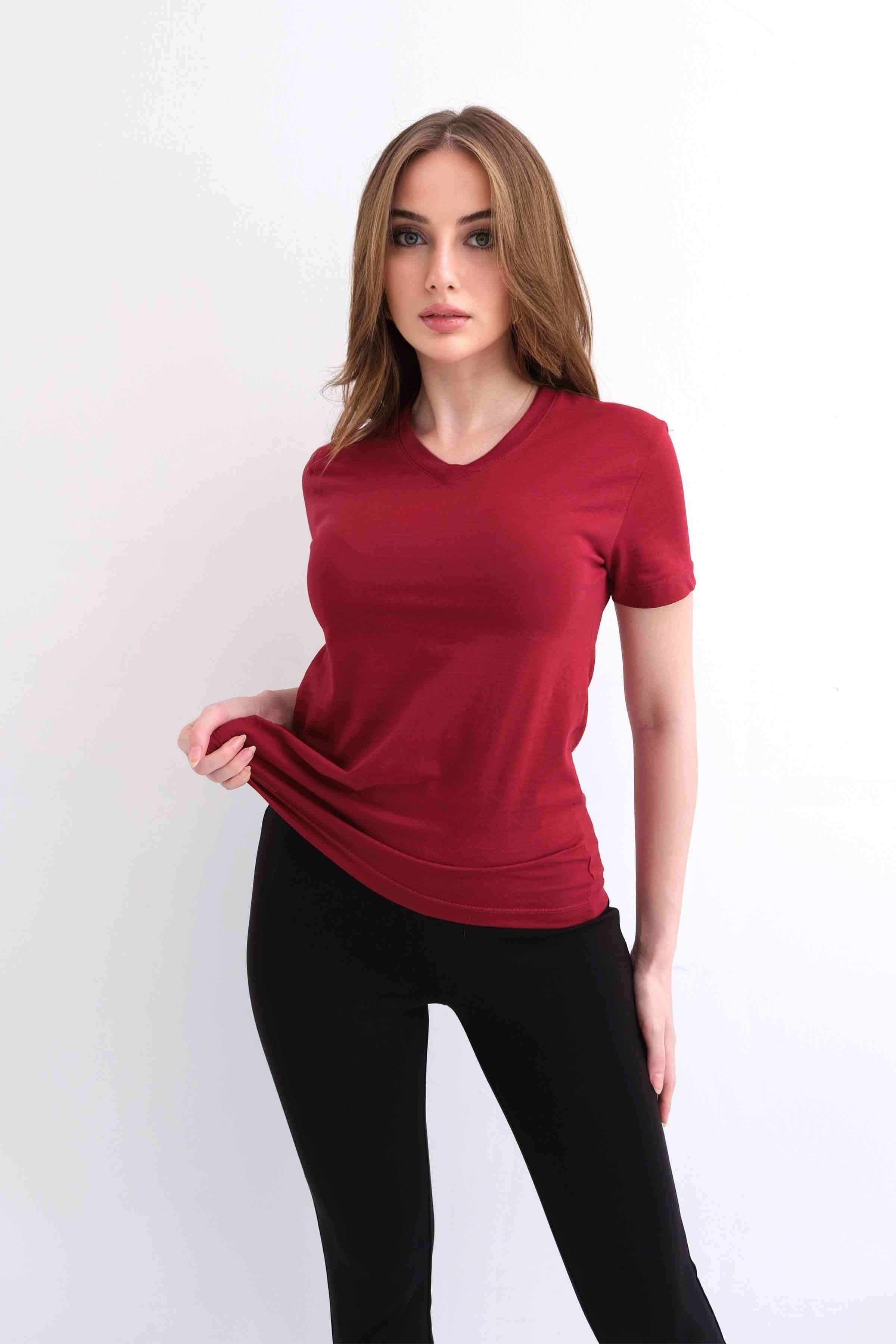 Women’s V-Neck Plain 100% Cotton Basic T-Shirt – Burgundy