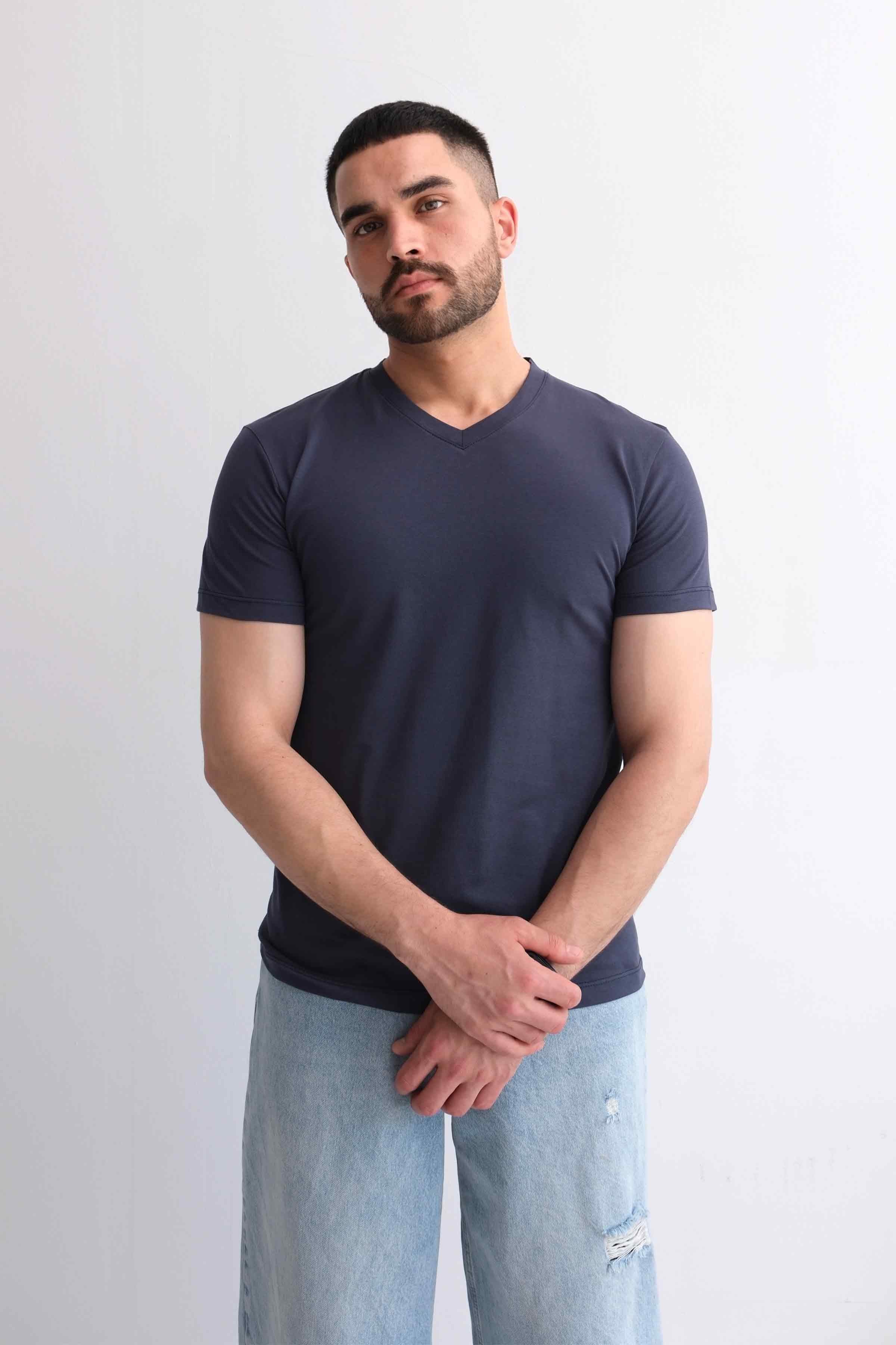 Men’s V-Neck Plain 100% Cotton Basic T-Shirt – Charcoal