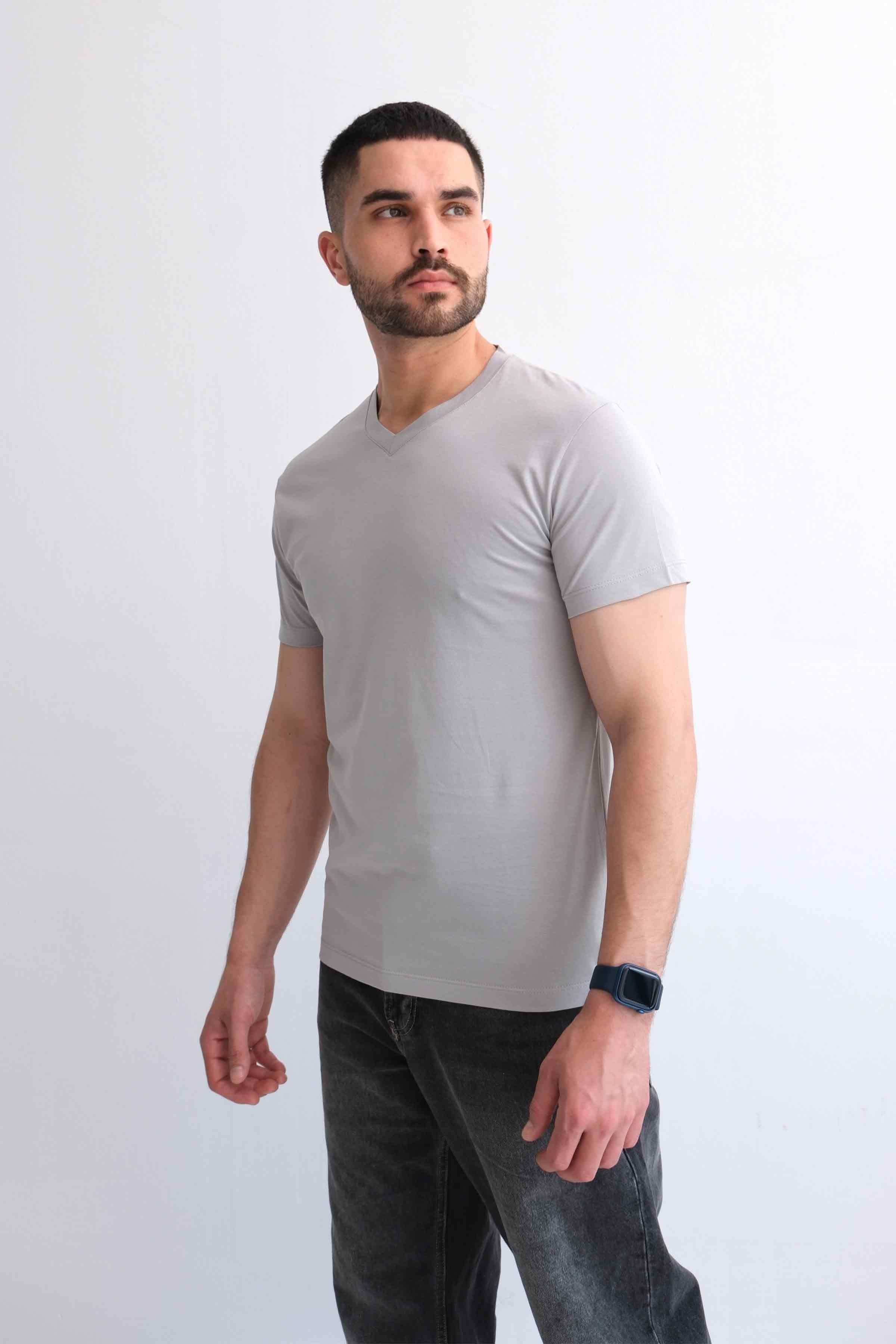 Men’s V-Neck Plain 100% Cotton Basic T-Shirt – Grey