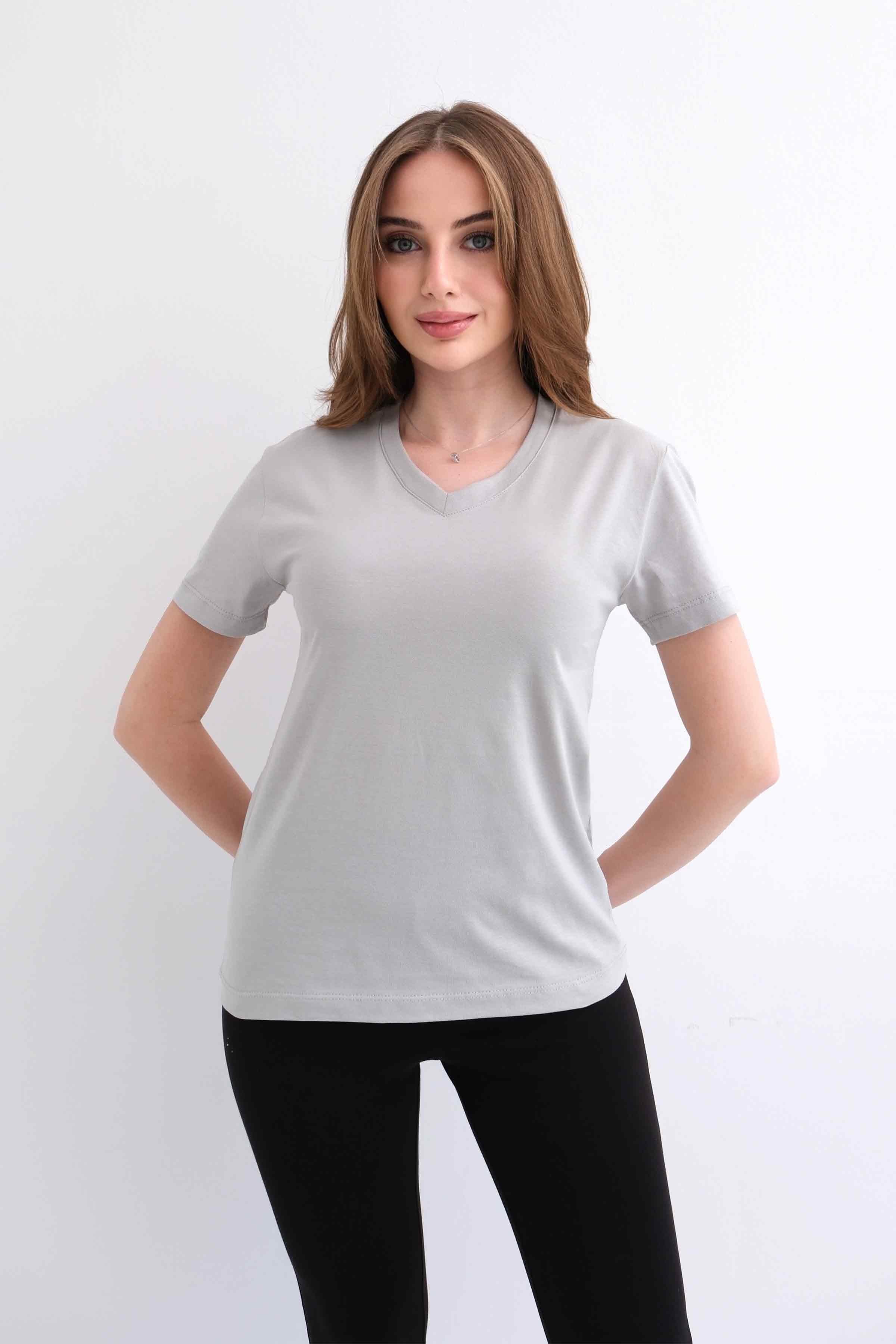 Women’s V-Neck Plain 100% Cotton Basic T-Shirt – Grey