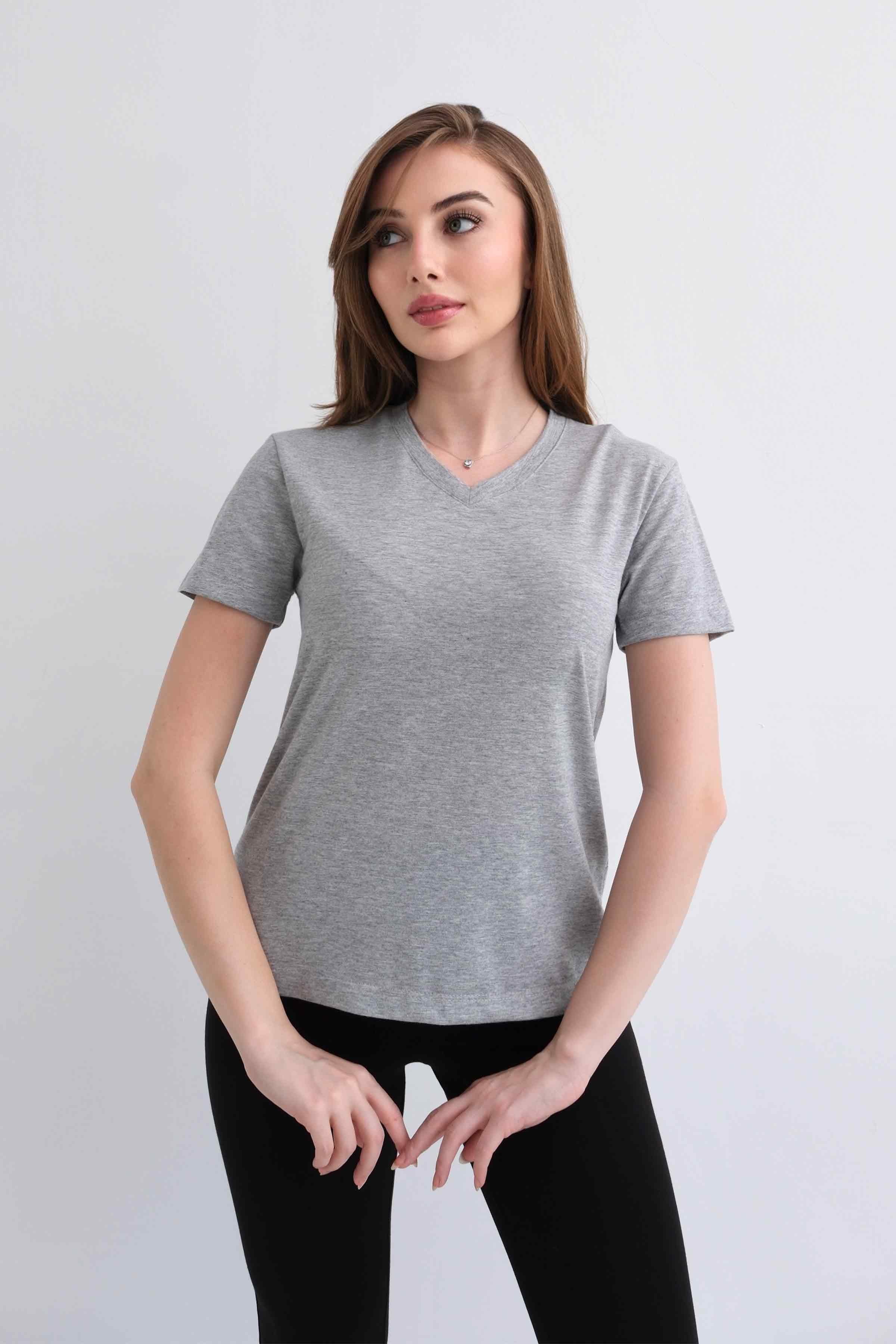 Women’s V-Neck Plain 100% Cotton Basic T-Shirt – Heather Grey