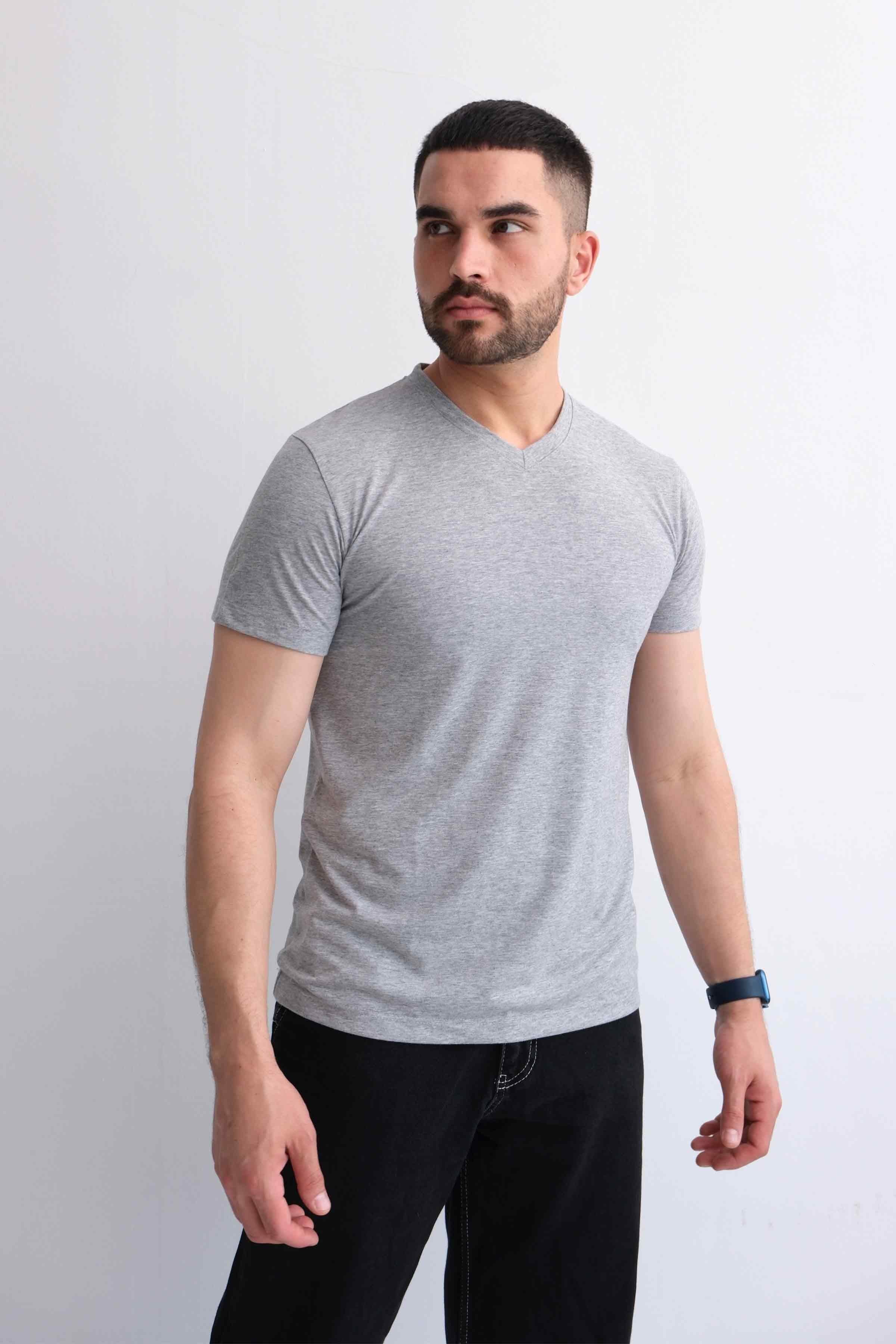 Men’s V-Neck Plain 100% Cotton Basic T-Shirt – Heather Grey