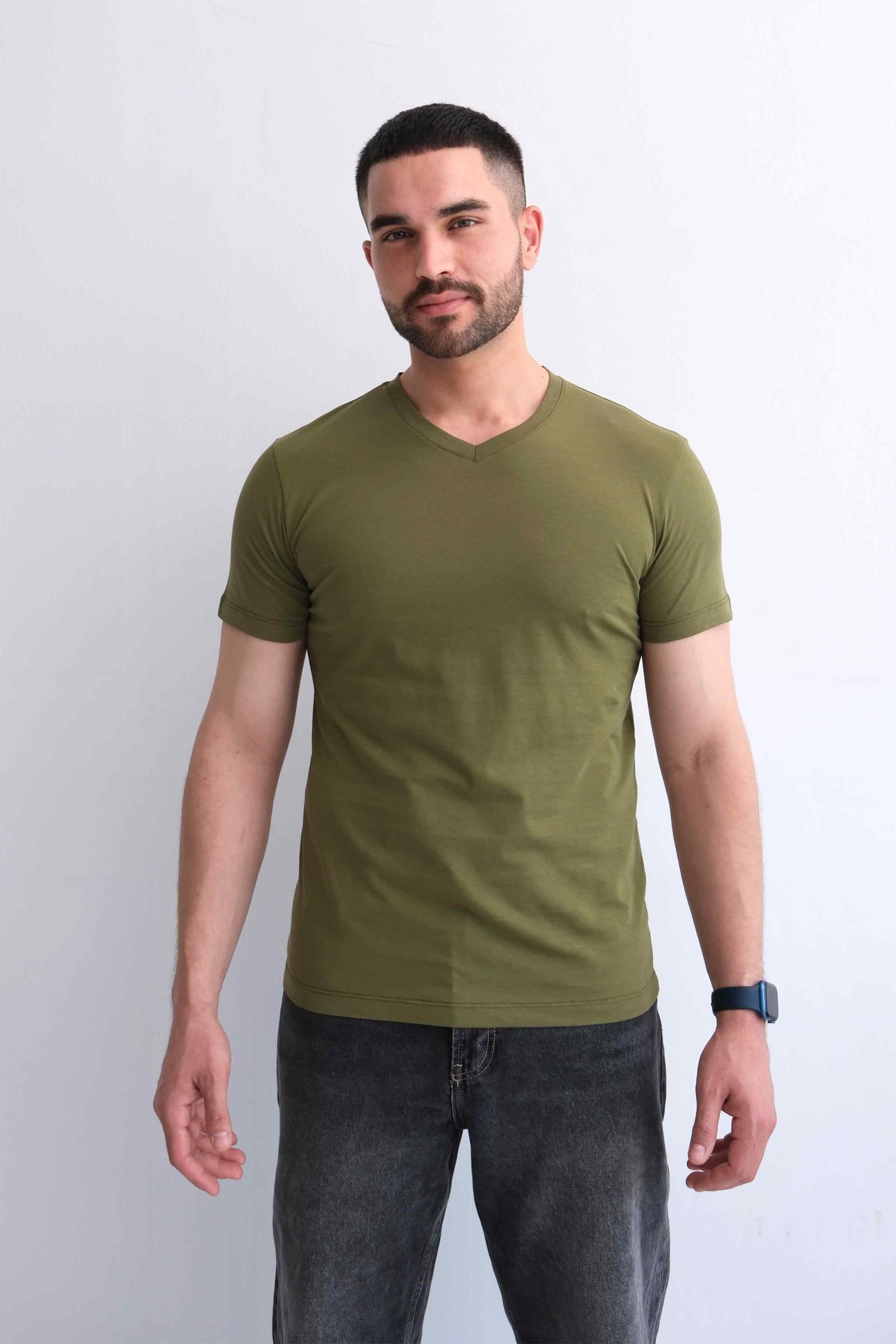 Men’s V-Neck Plain 100% Cotton Basic T-Shirt – Khaki