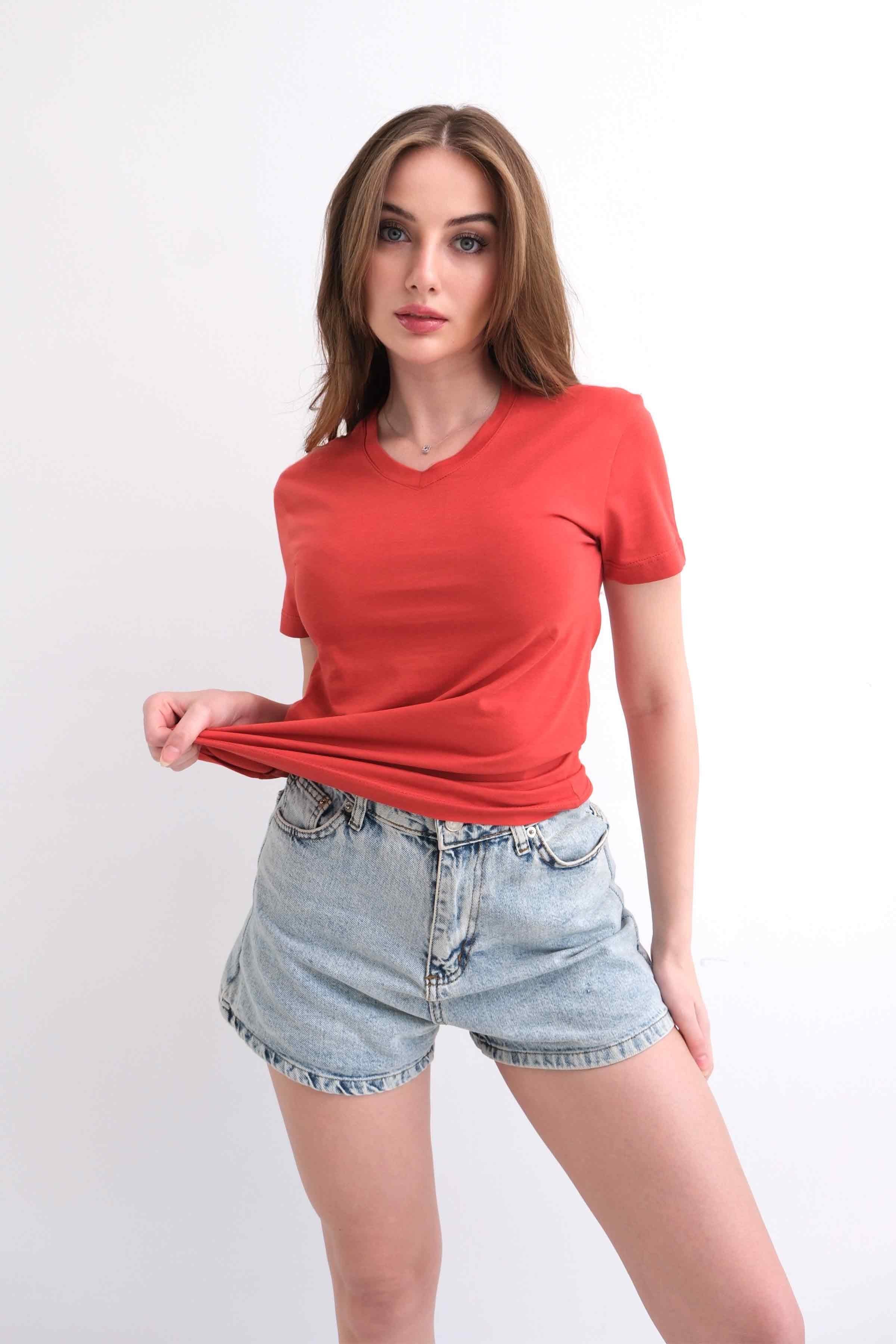 Women’s V-Neck Plain 100% Cotton Basic T-Shirt – Tile
