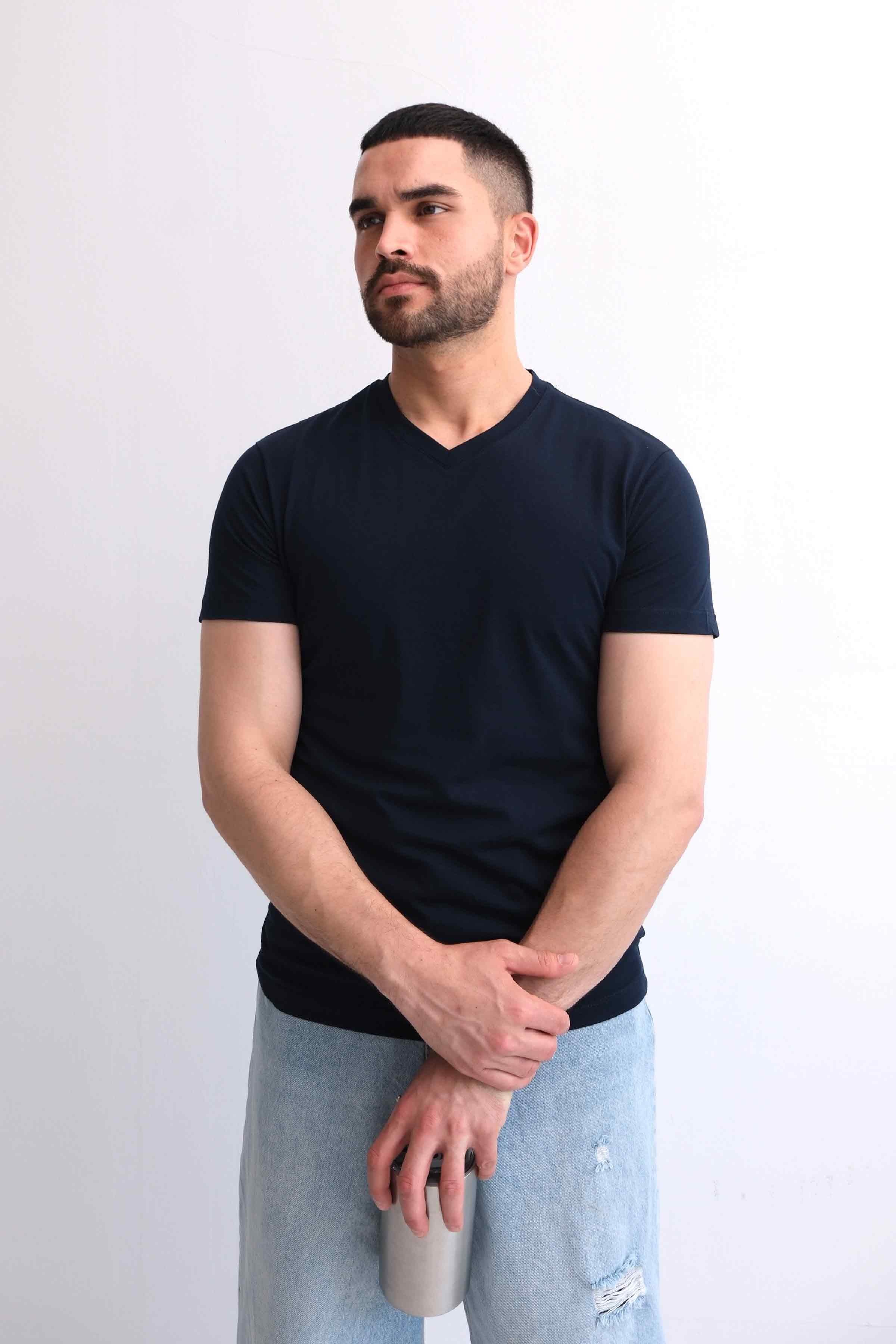 Men’s V-Neck Plain 100% Cotton Basic T-Shirt – Navy