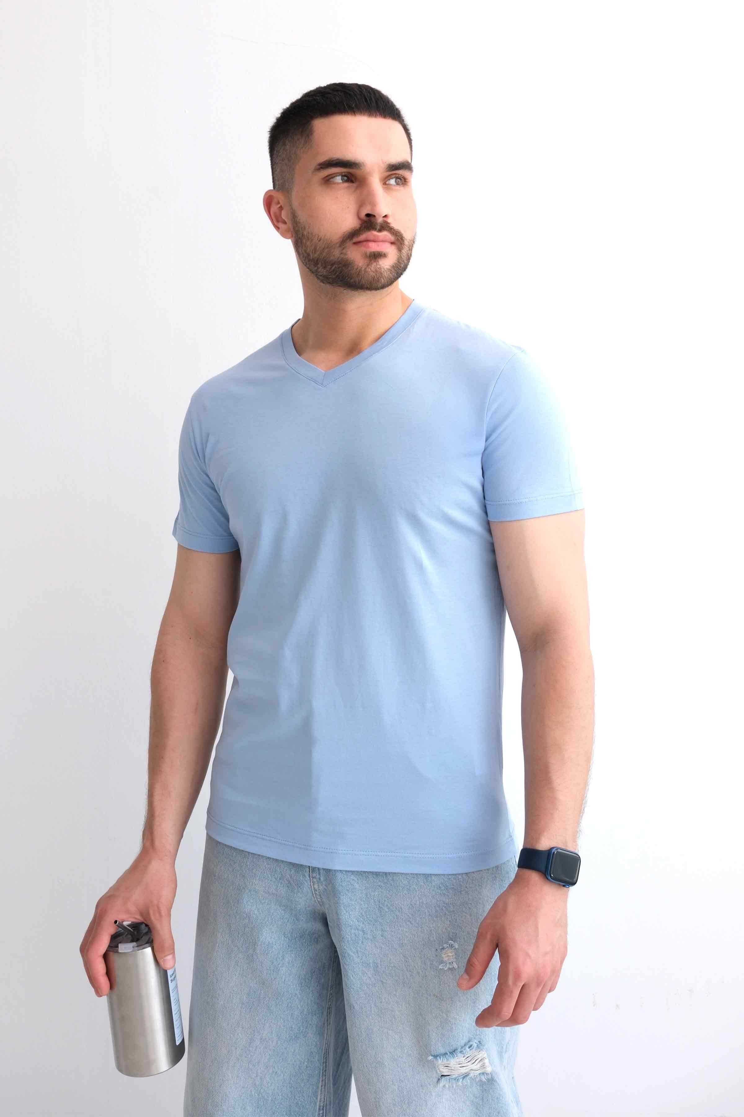 Men’s V-Neck Plain 100% Cotton Basic T-Shirt – Blue