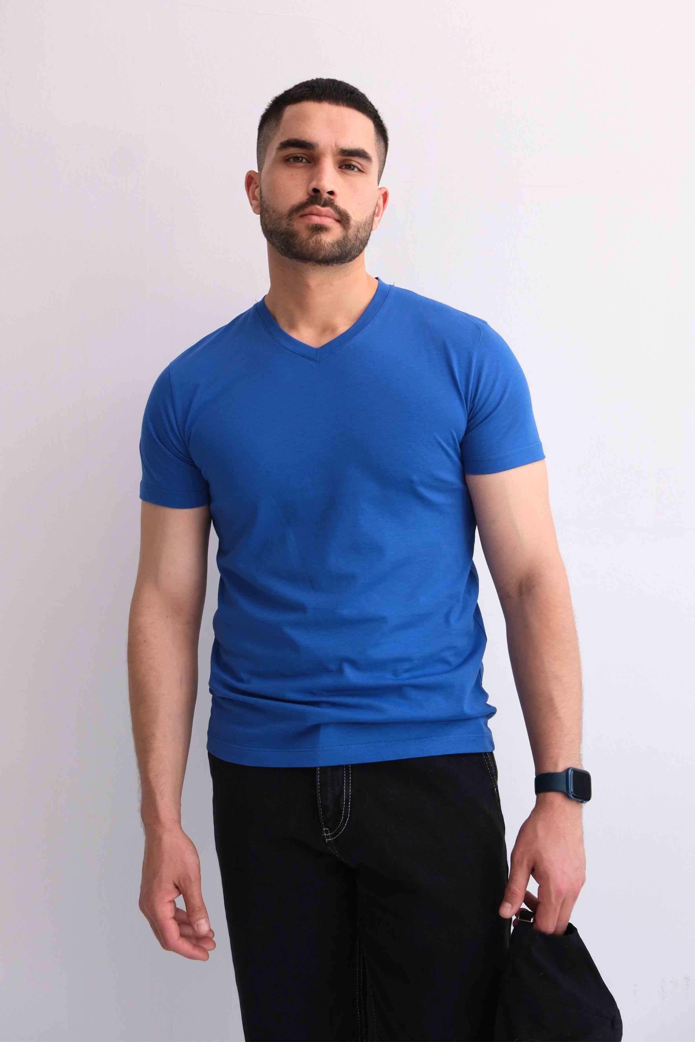 Men’s V-Neck Plain 100% Cotton Basic T-Shirt – Cobalt Blue
