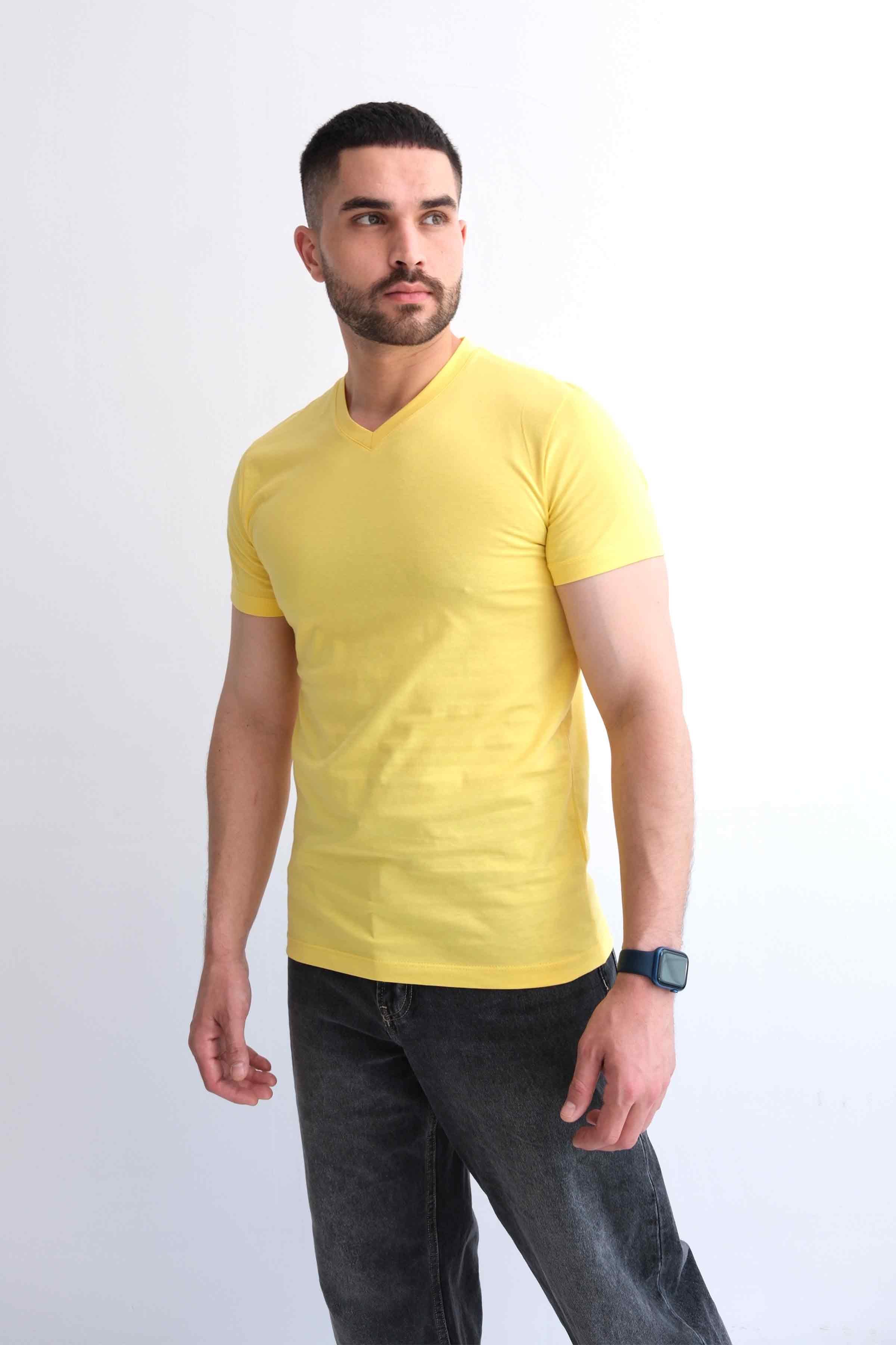 Men’s V-Neck Plain 100% Cotton Basic T-Shirt – Yellow