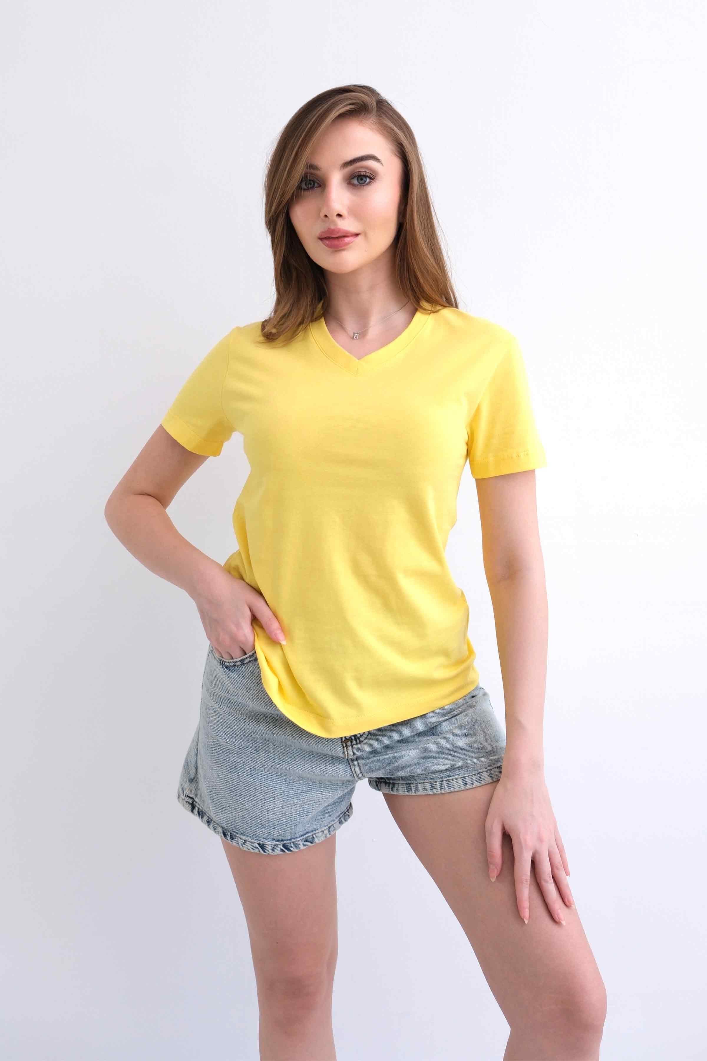 Women’s V-Neck Plain 100% Cotton Basic T-Shirt – Yellow