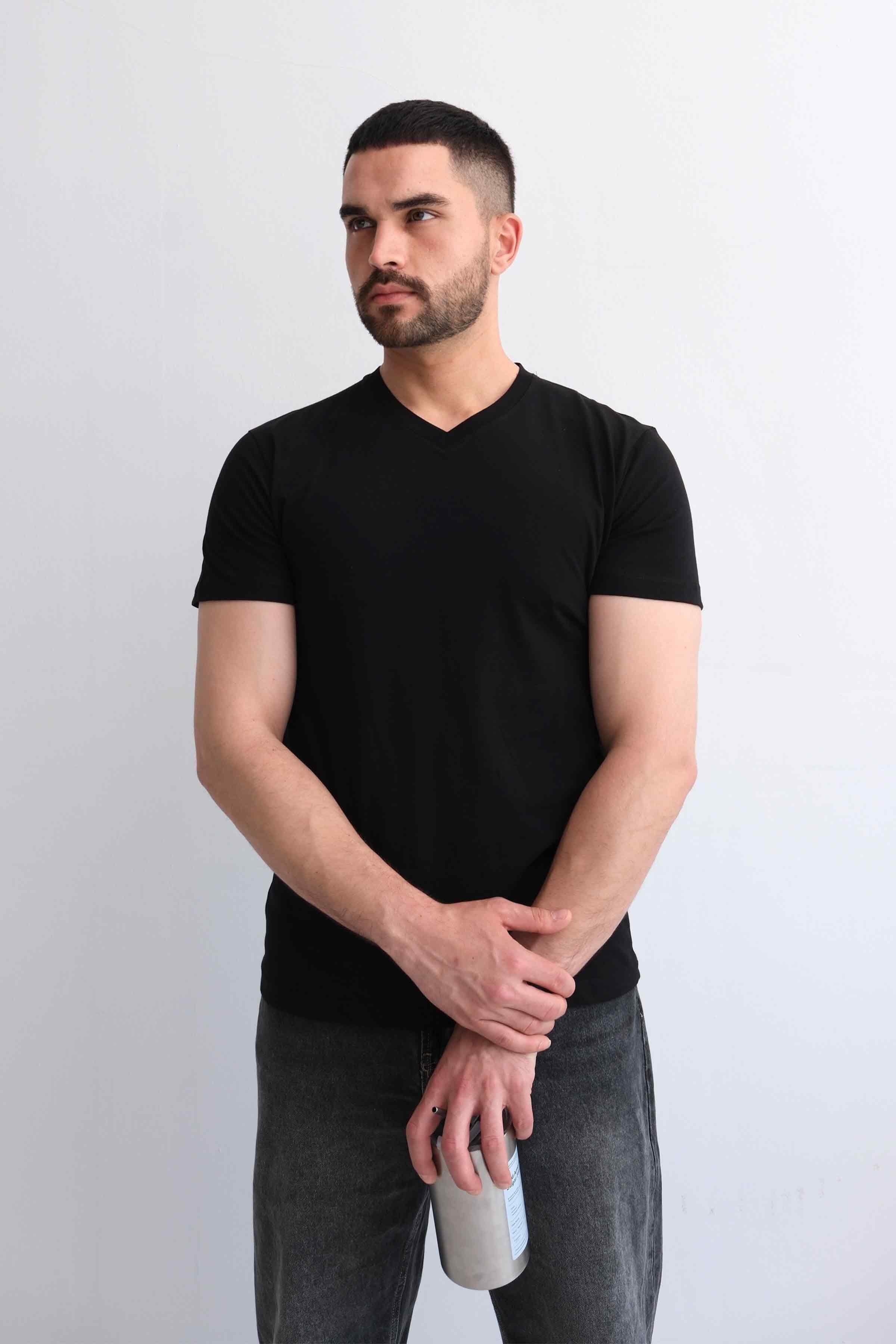 Men’s V-Neck Plain 100% Cotton Basic T-Shirt – Black
