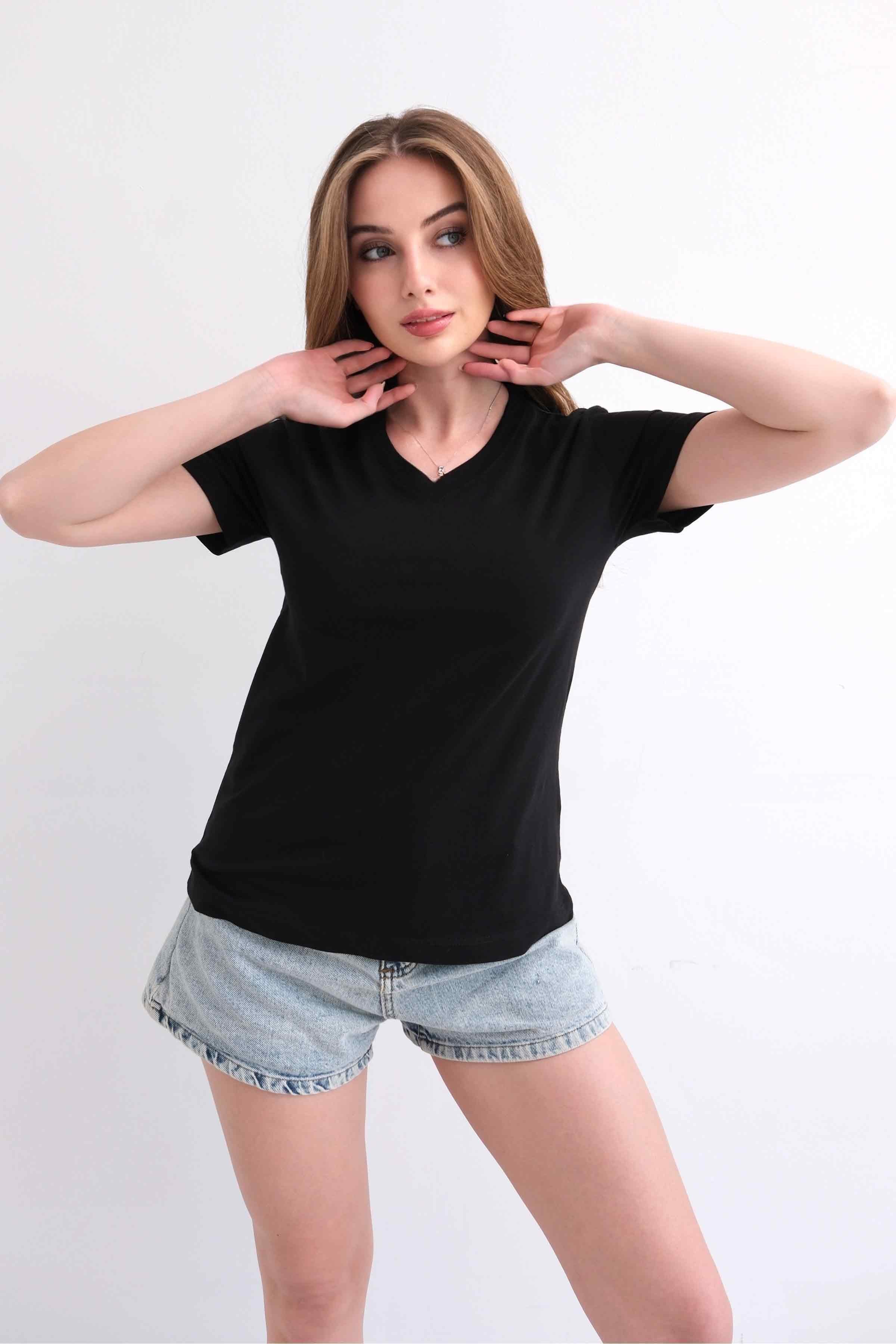 Women’s V-Neck Plain 100% Cotton Basic T-Shirt – Black
