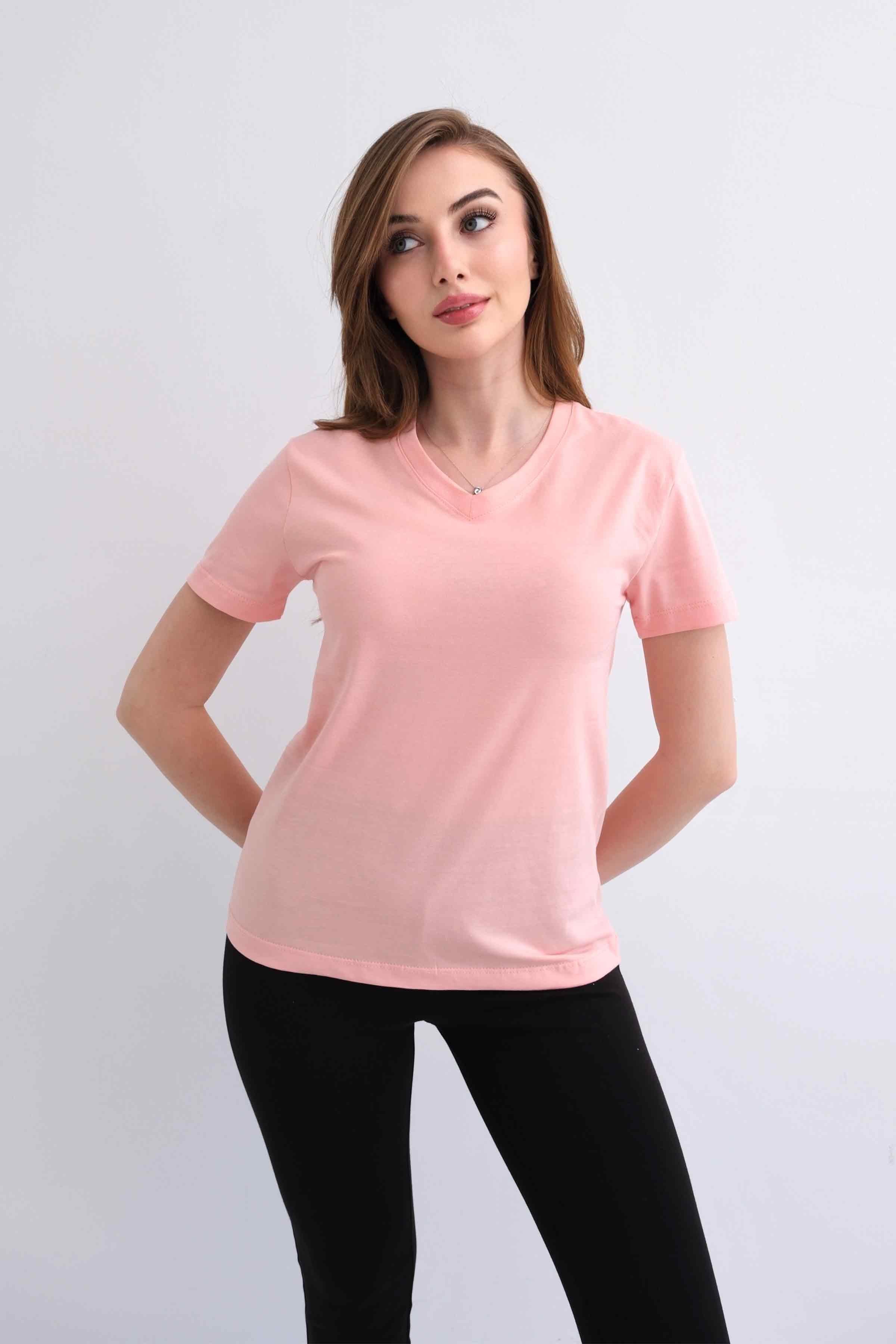 Women’s V-Neck Plain 100% Cotton Basic T-Shirt – Salmon