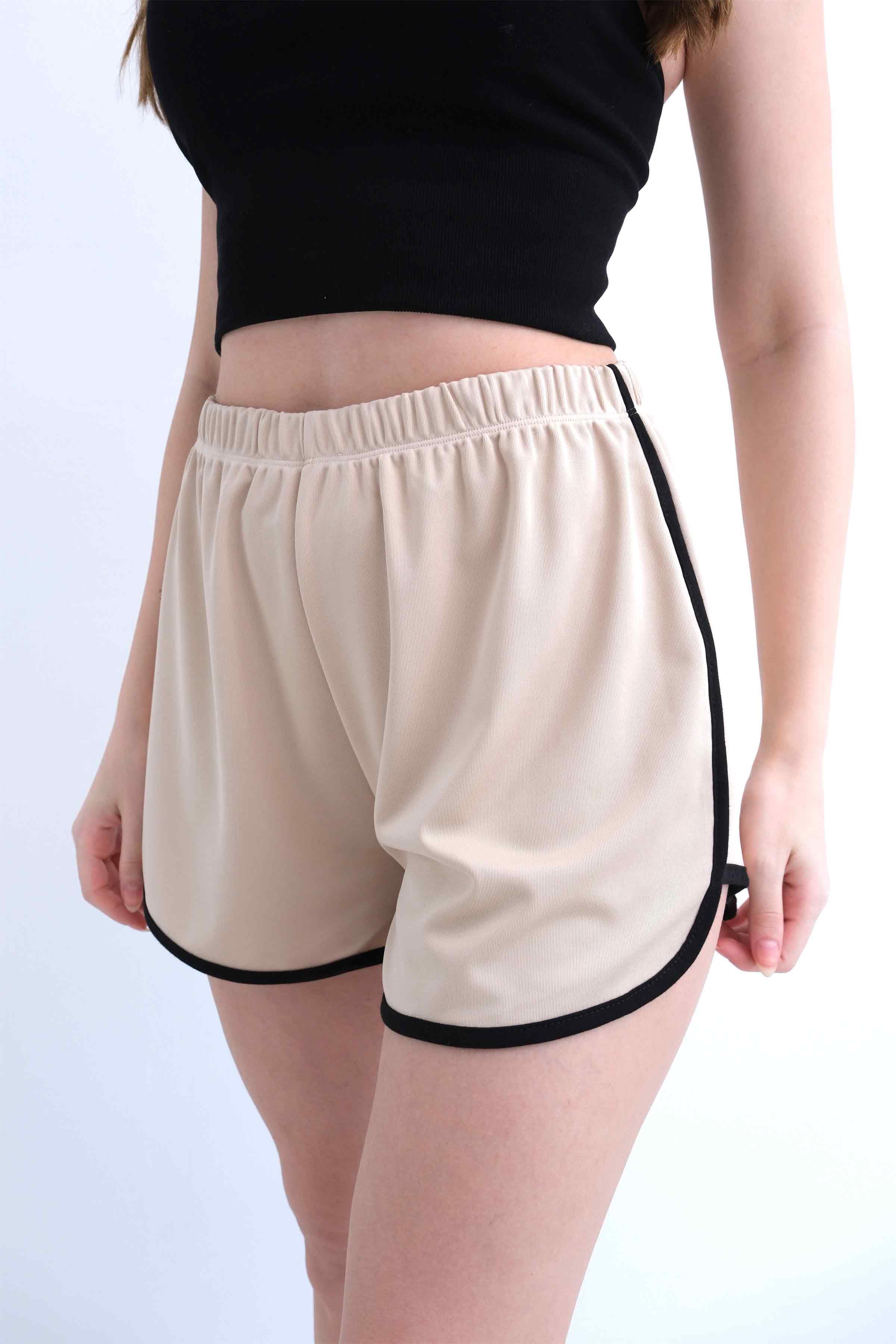 Women’s Elastic-Waist Scuba Athletic Shorts with Piping – Beige