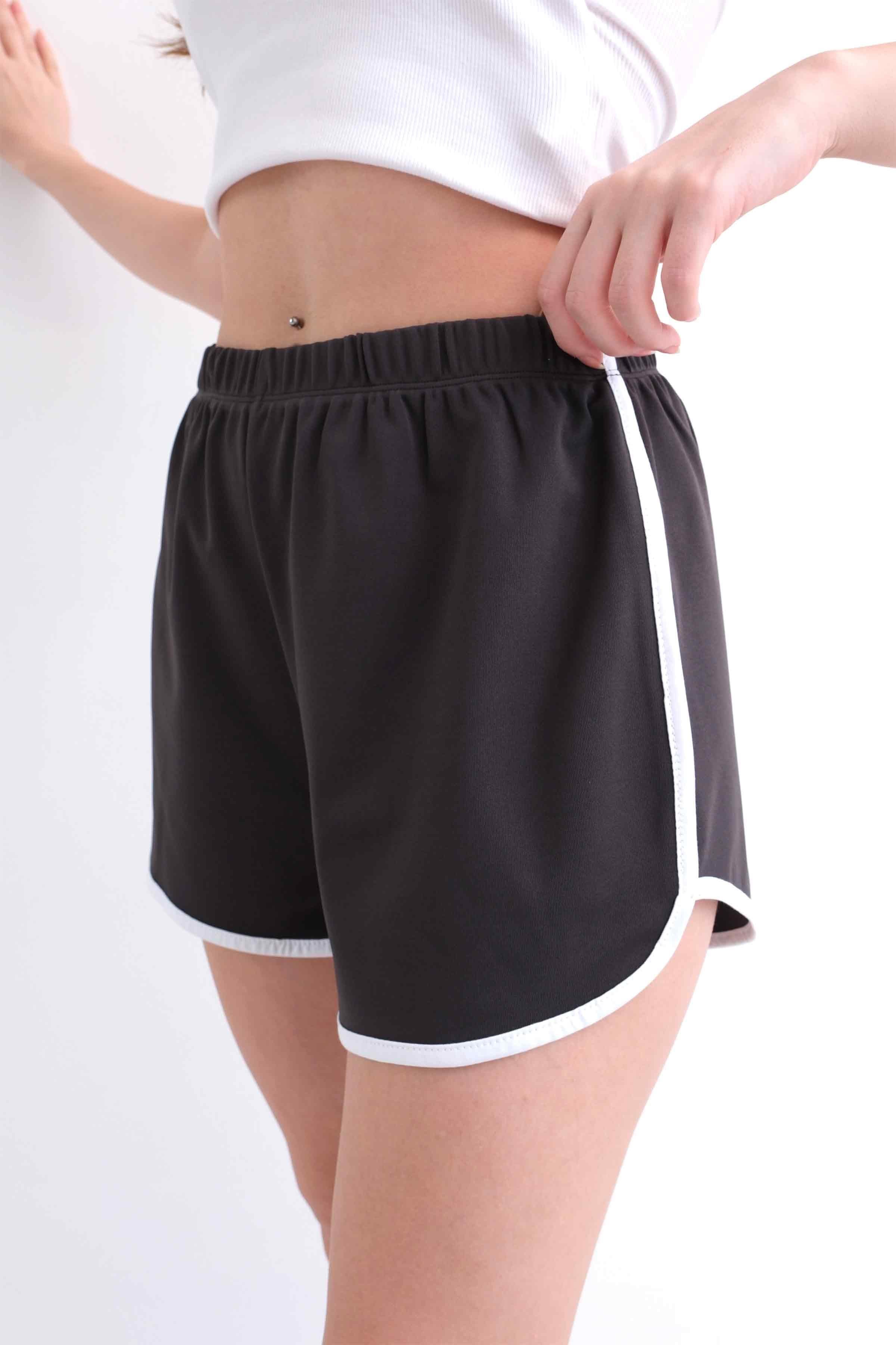 Women’s Elastic-Waist Scuba Athletic Shorts with Piping – Charcoal