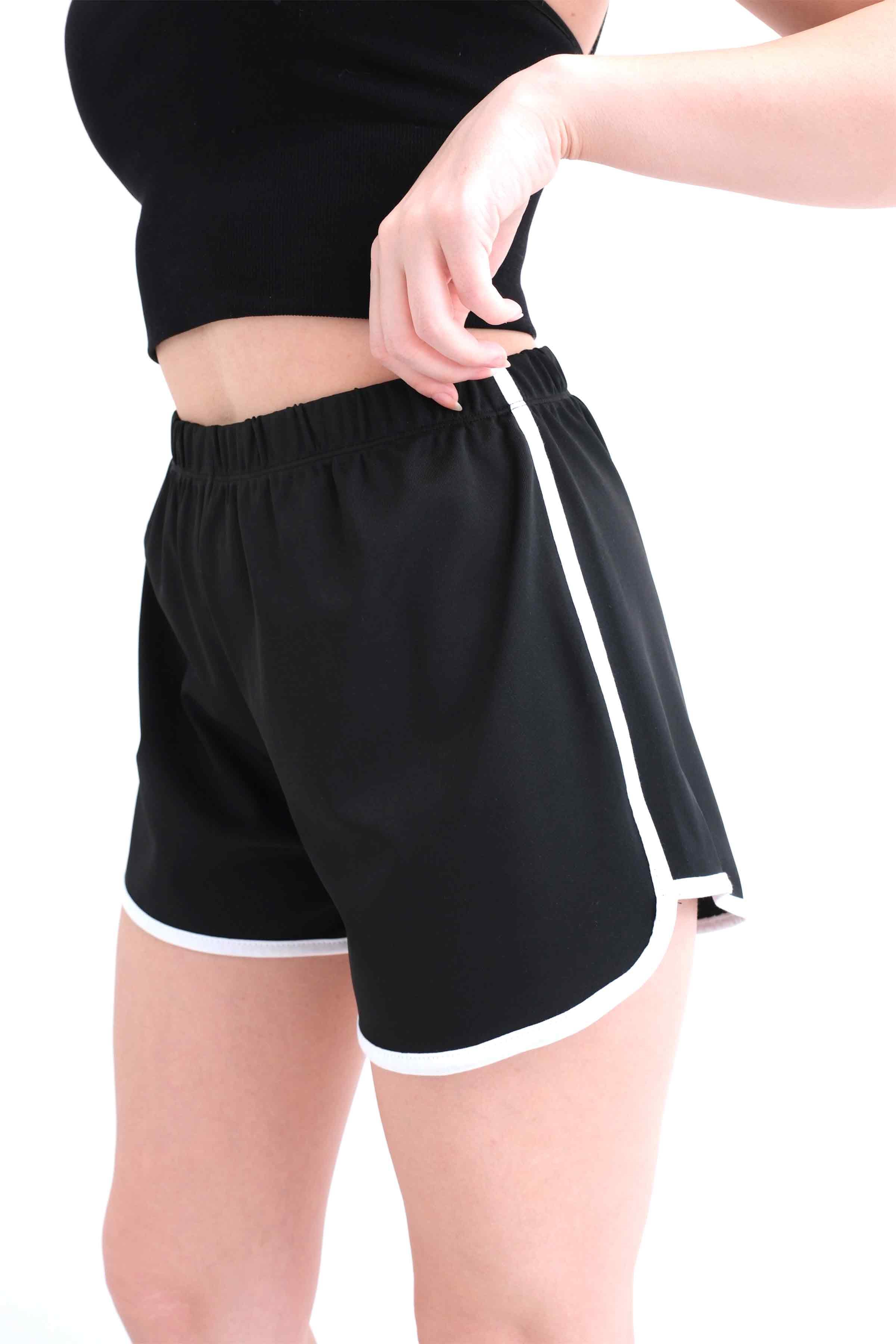 Women’s Elastic-Waist Scuba Athletic Shorts with Piping – Black