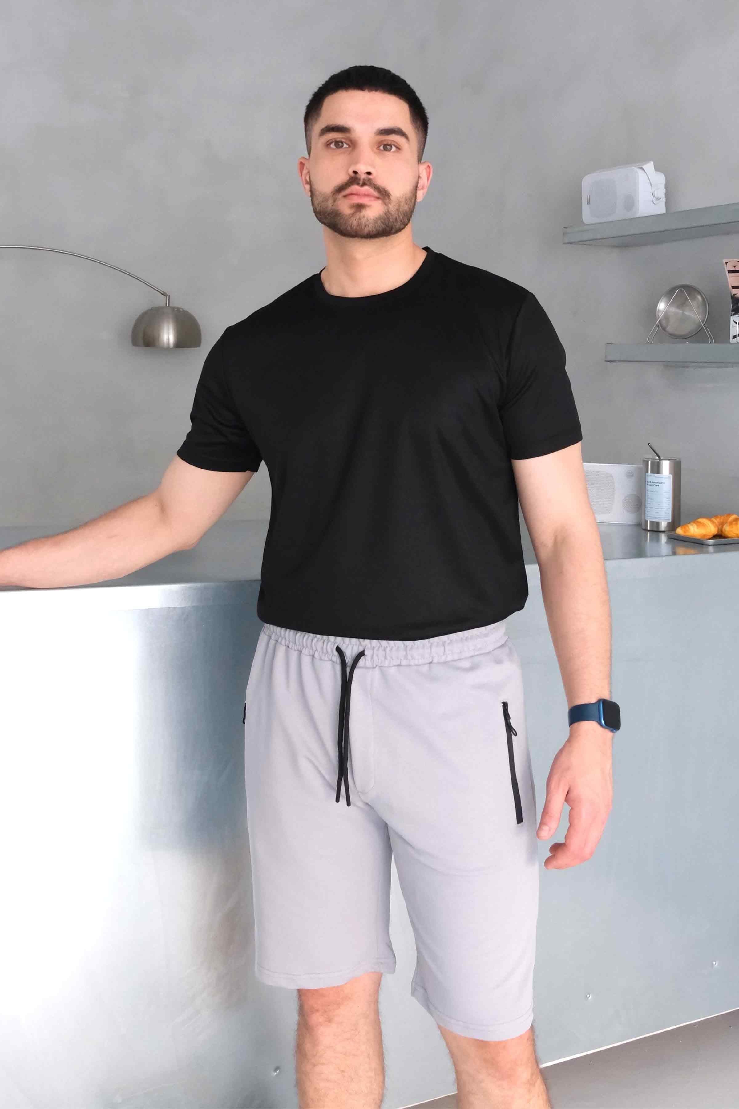 Men’s Relax Fit Cotton Shorts, Elastic Waist, Zip Pockets - Grey