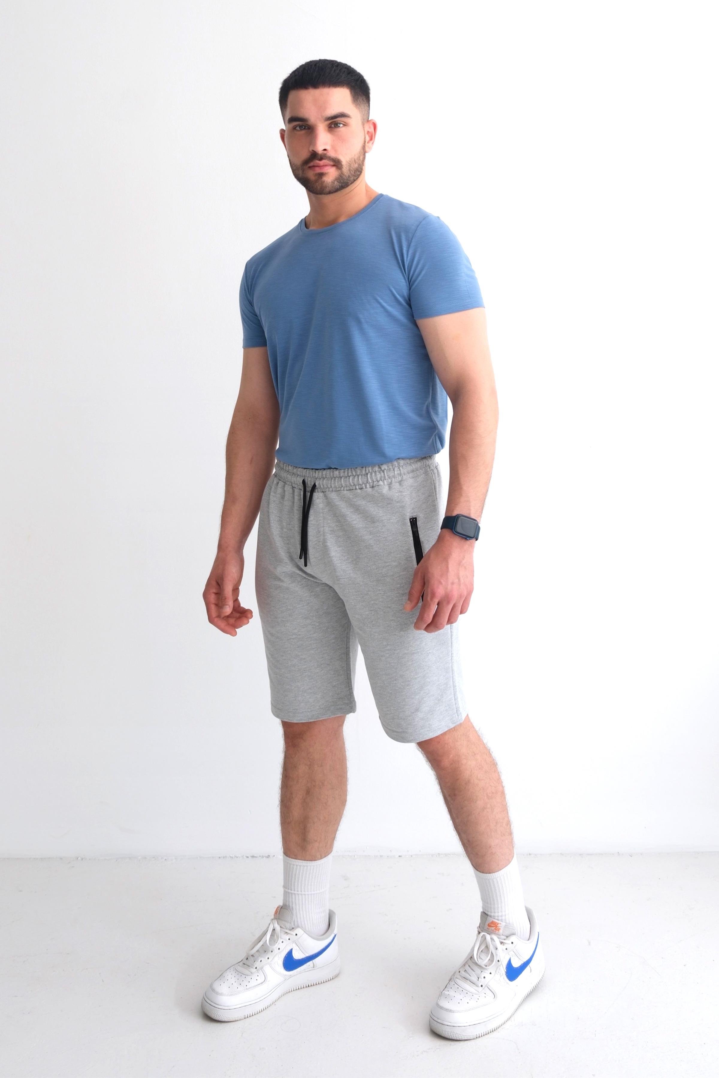Men’s Relax Fit Cotton Shorts, Elastic Waist, Zip Pockets - Heather Grey