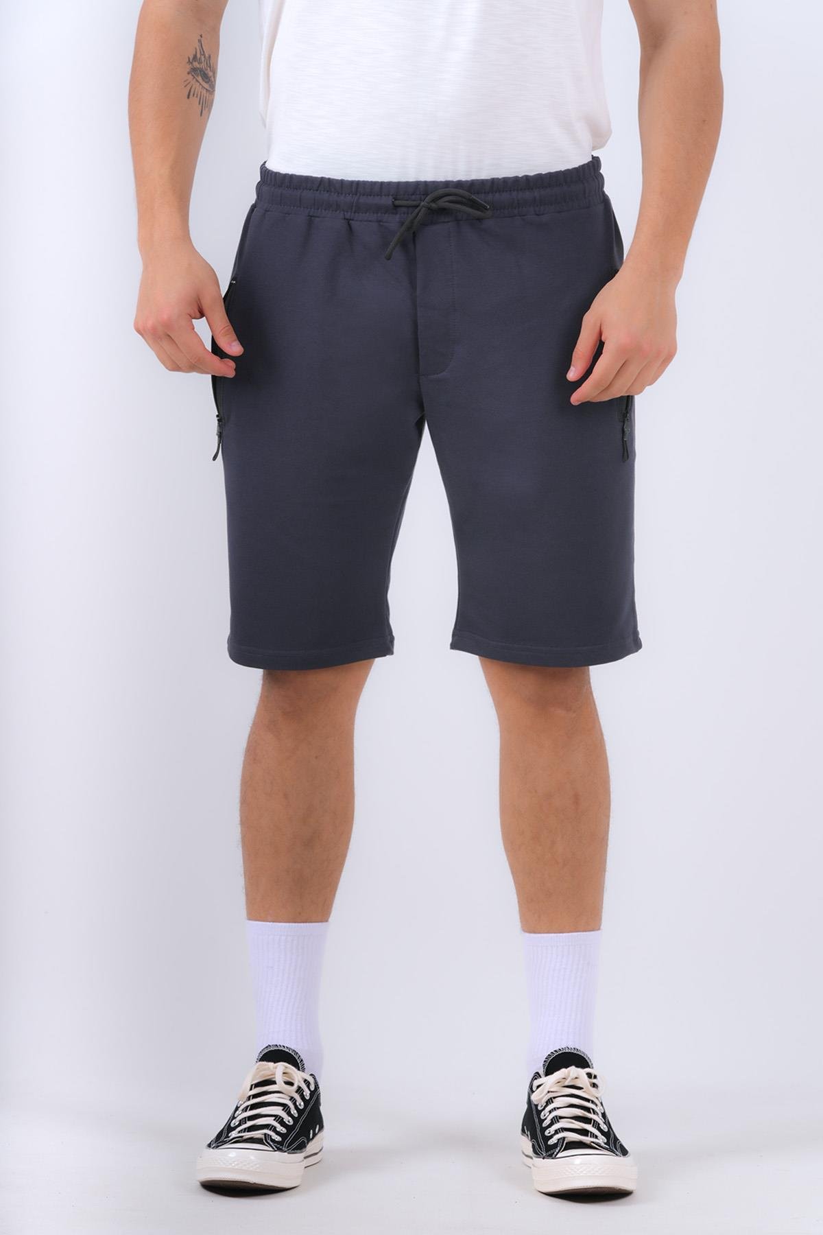 Men’s Relax Fit Cotton Shorts, Elastic Waist, Zip Pockets - Navy