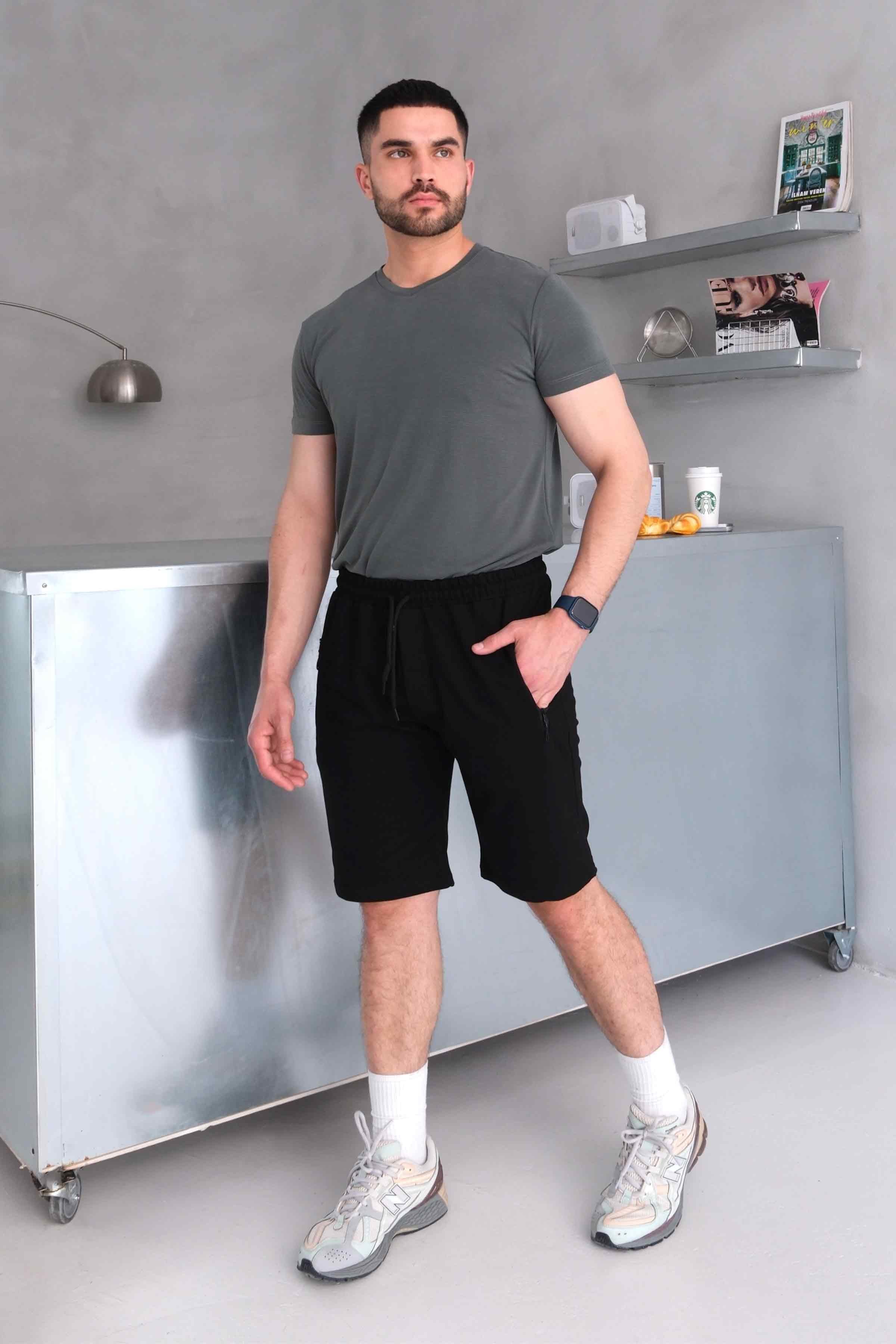 Men’s Relax Fit Cotton Shorts, Elastic Waist, Zip Pockets - Black