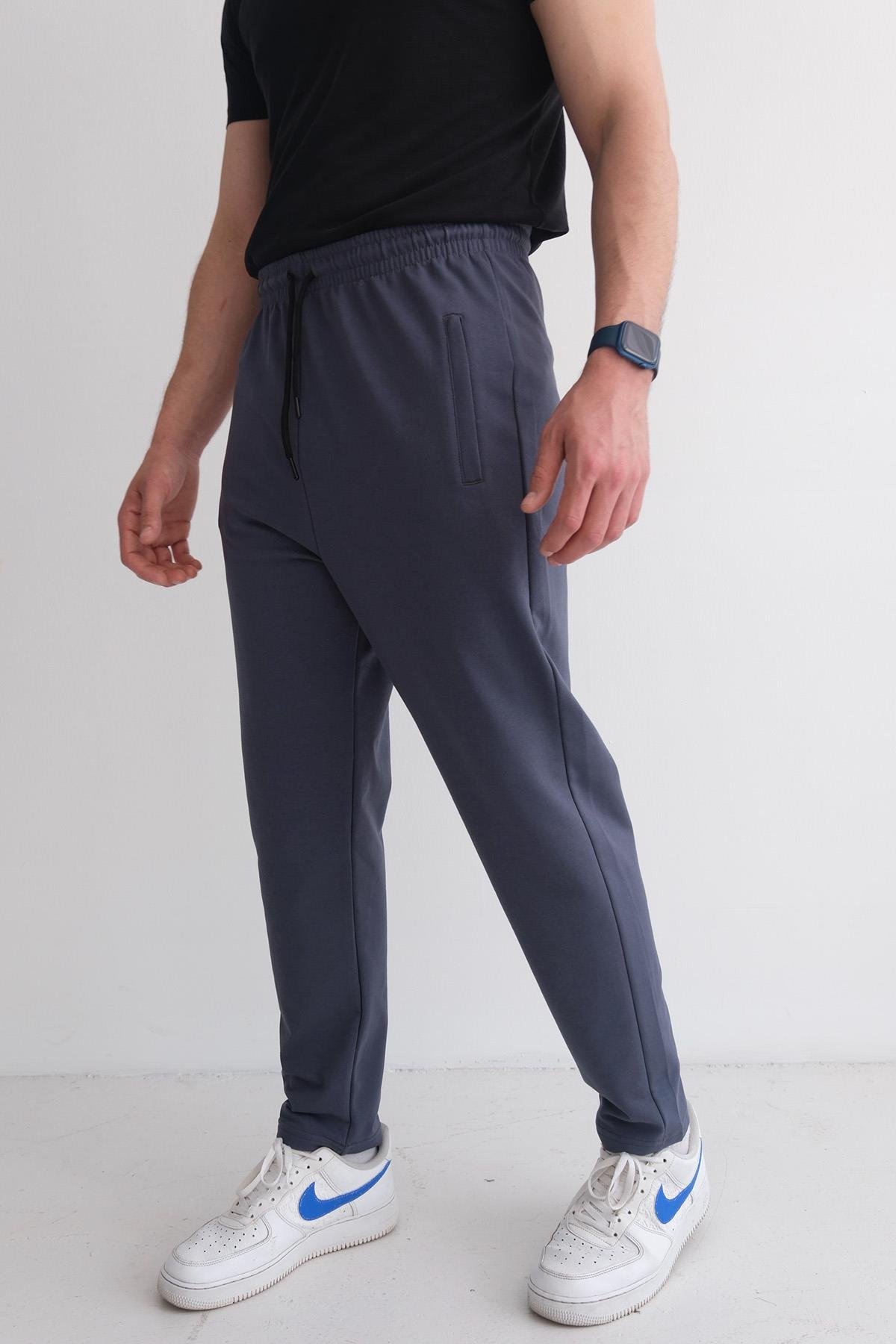 Men’s Relax Fit Elastic-Waist Cotton Straight-Leg Sweatpants with Welt Pockets – Charcoal