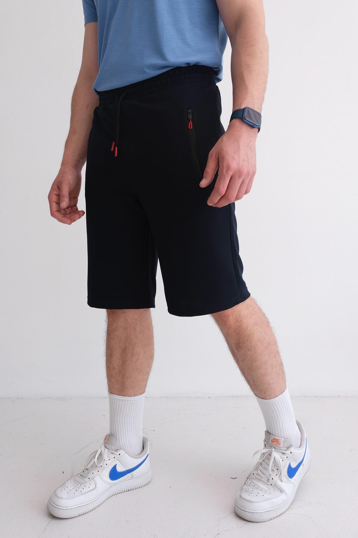 Men’s Relax Fit Ottoman Shorts with Elastic Waist and Zip Pockets – Navy