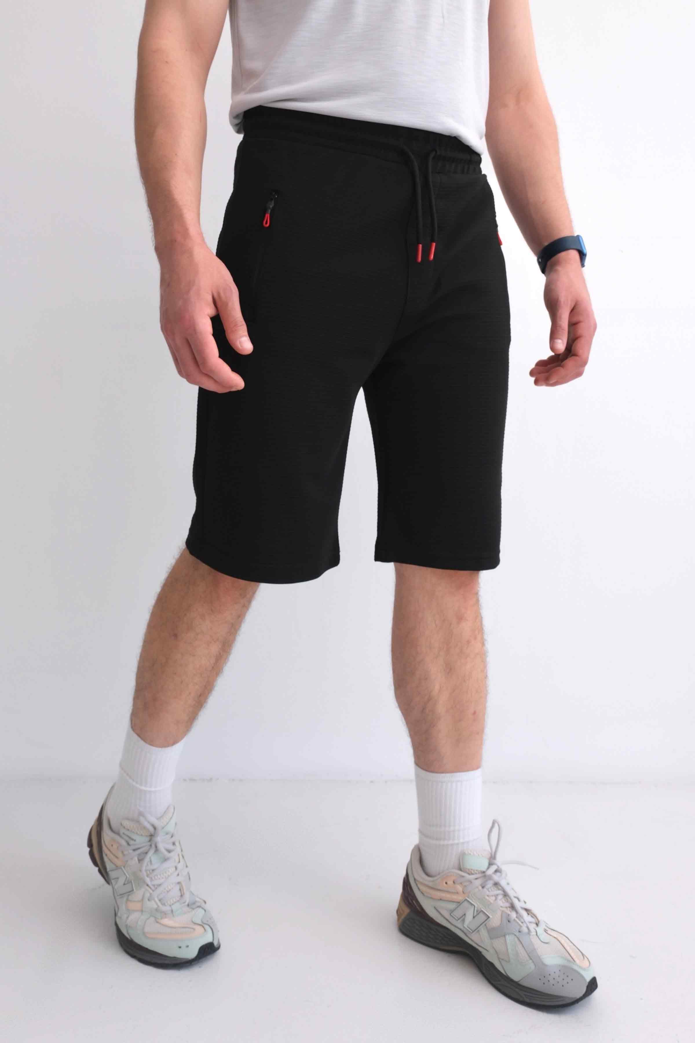 Men’s Relax Fit Ottoman Shorts with Elastic Waist and Zip Pockets – Black