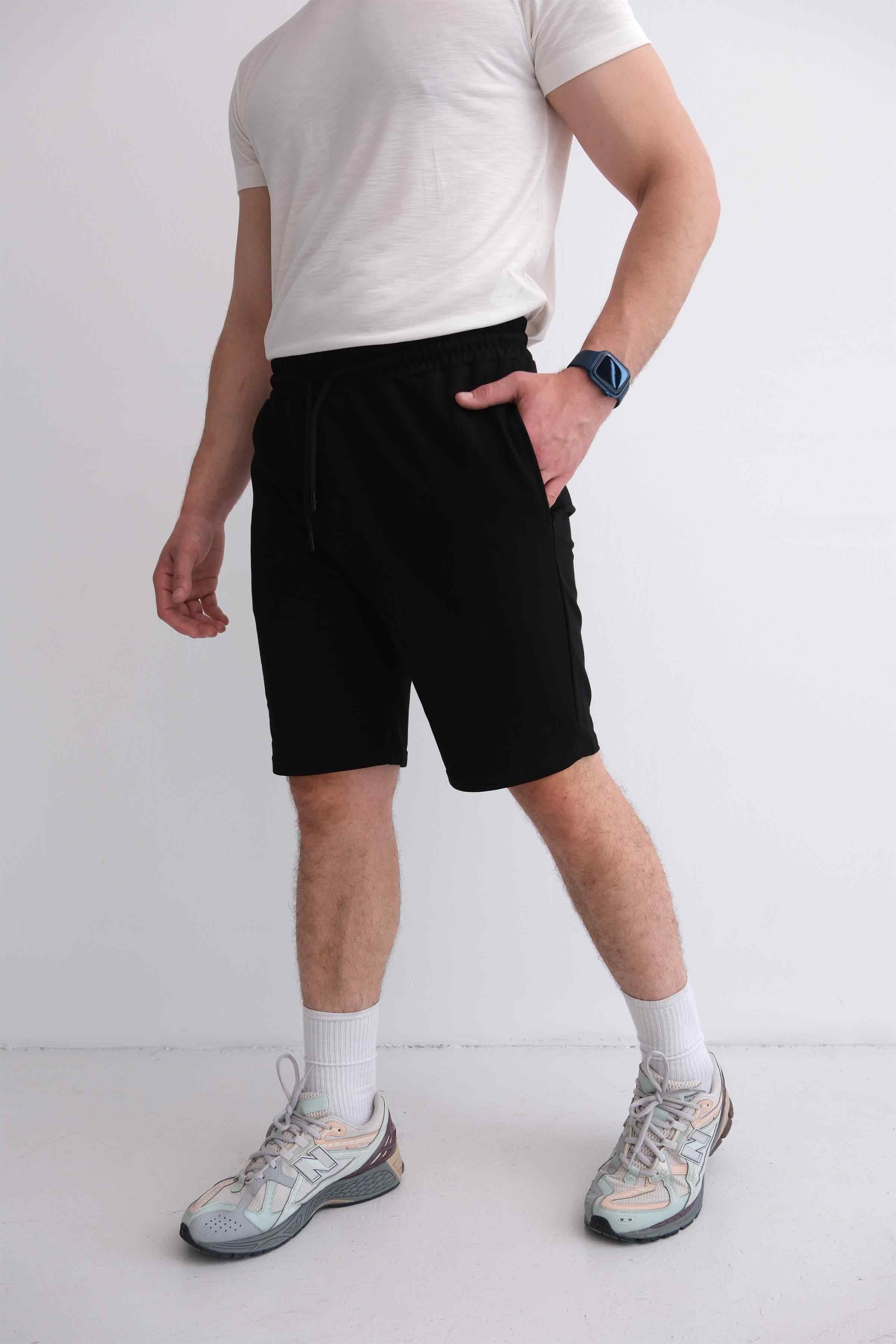 Men’s Elastic Waist Cotton Shorts with Patch Pockets - Black