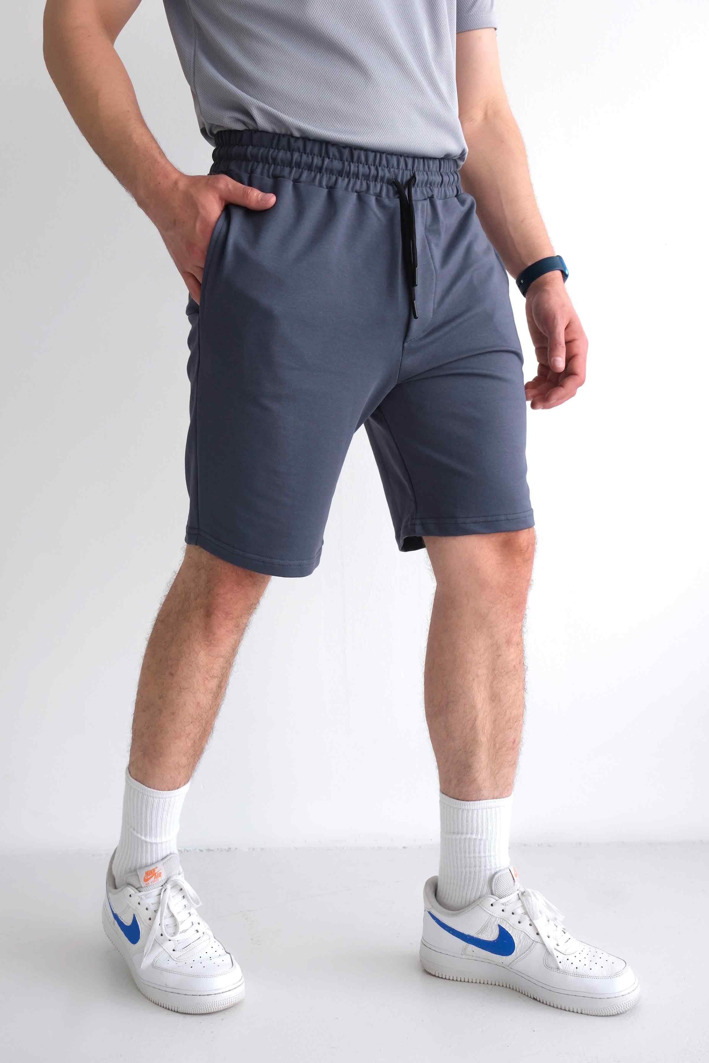 Men’s Elastic Waist Cotton Shorts with Patch Pockets - Charcoal