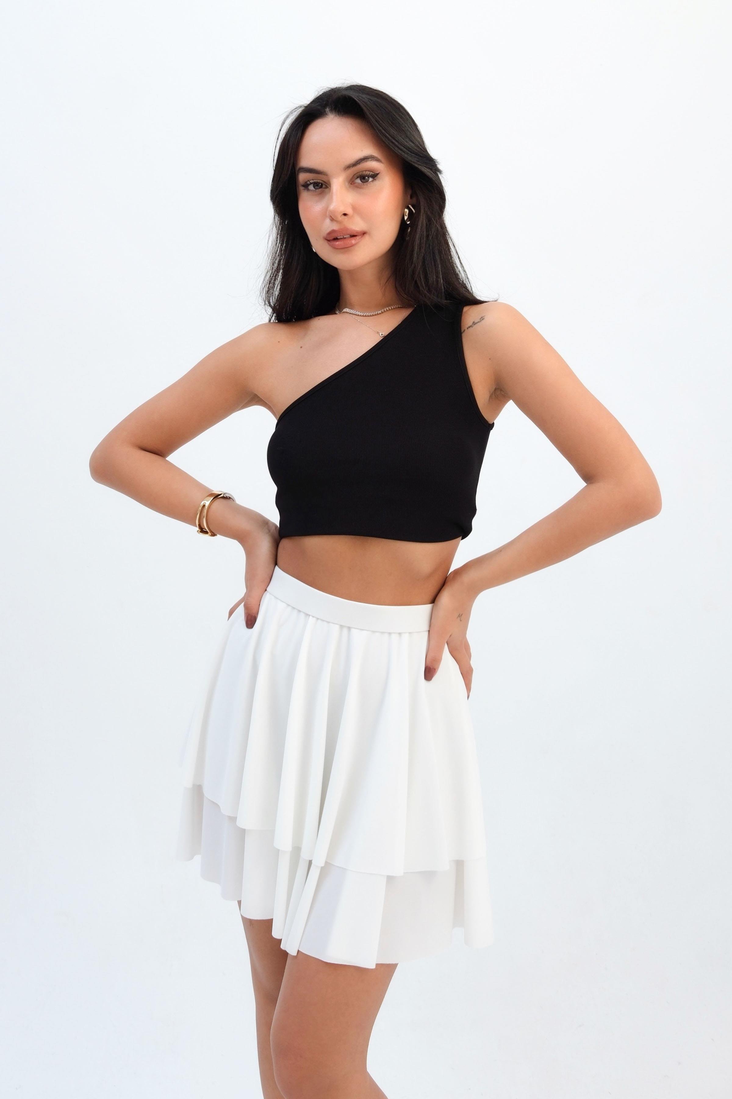 Women’s Elastic Waist Tiered Ruffle Mini Skirt - White