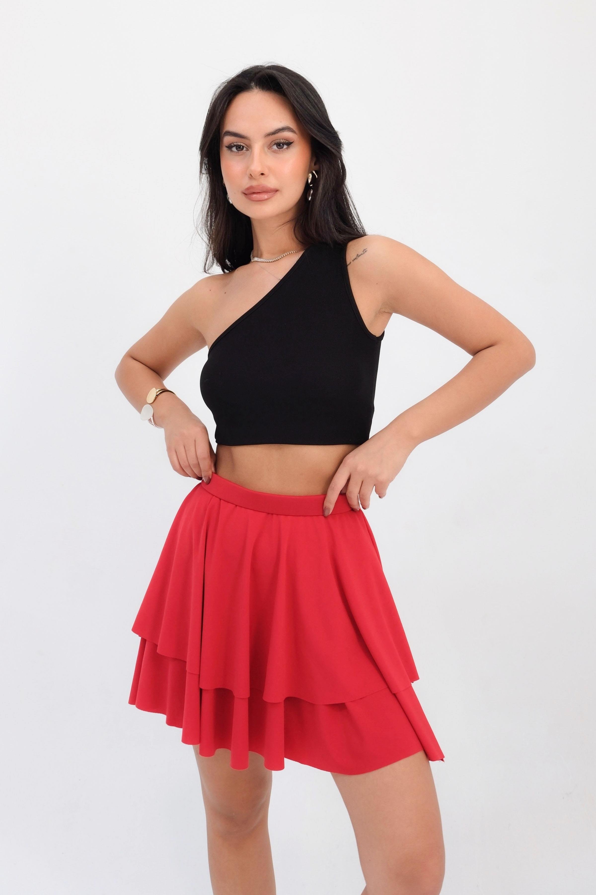 Women’s Elastic Waist Tiered Ruffle Mini Skirt - Red
