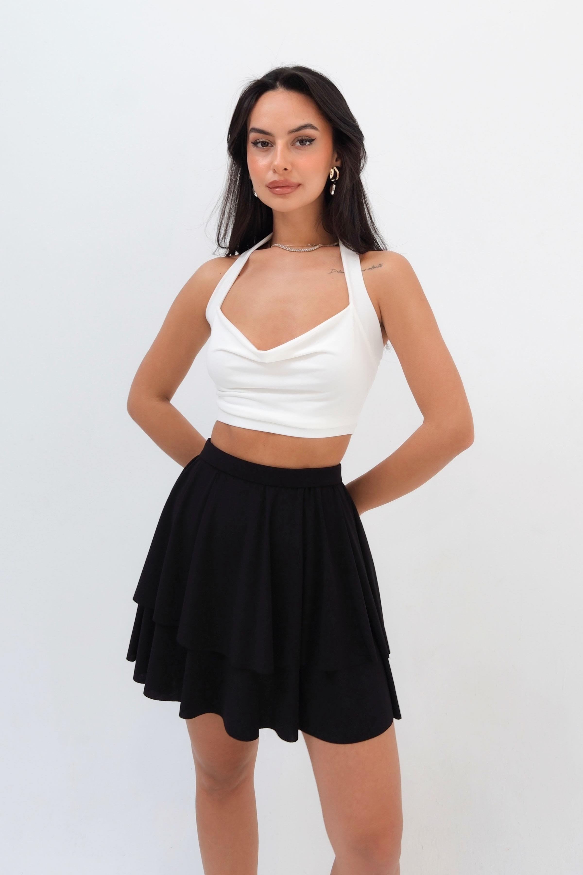 Women’s Elastic Waist Tiered Ruffle Mini Skirt - Black